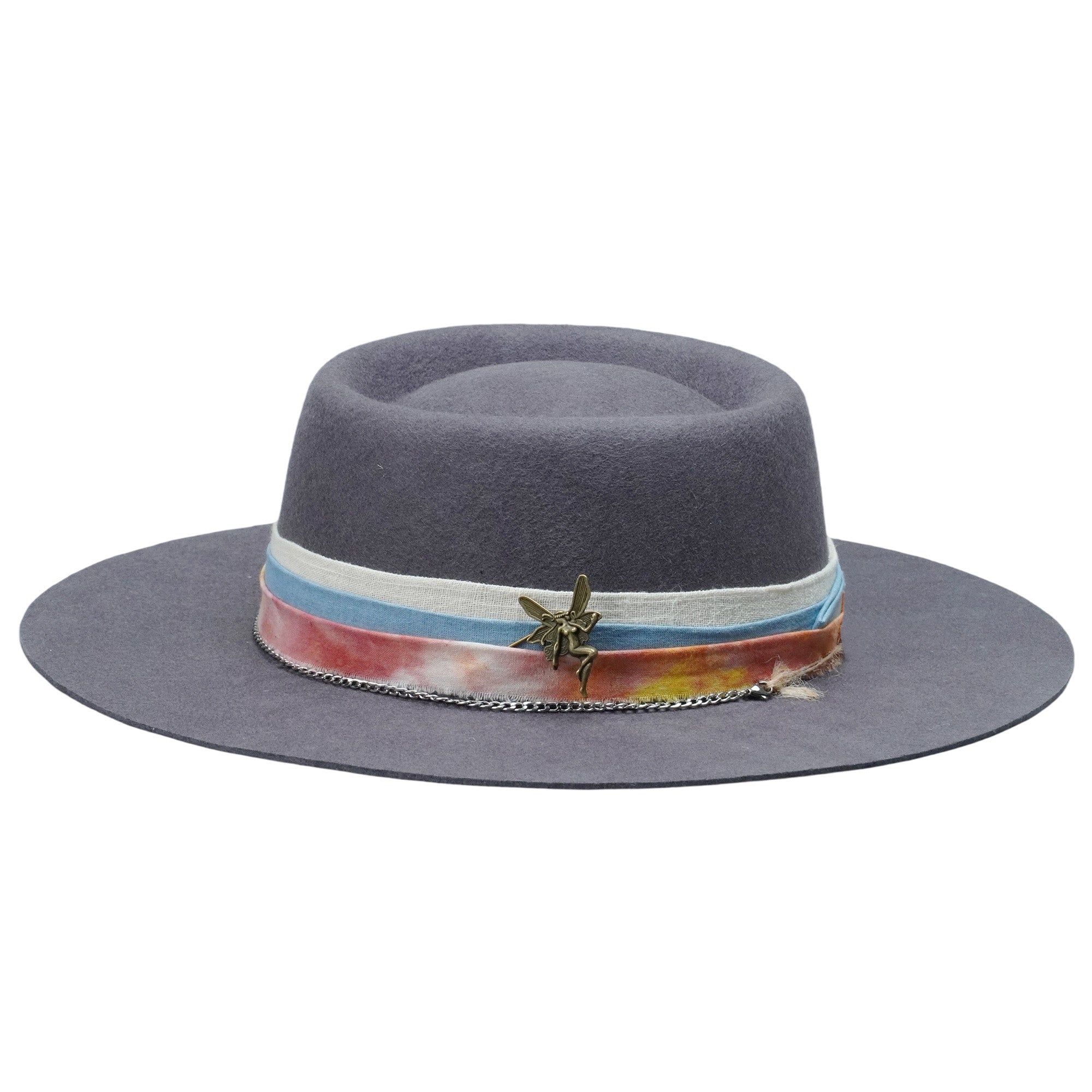 Gray Flat Brim Felt Hat with Vintage Bronze Pin