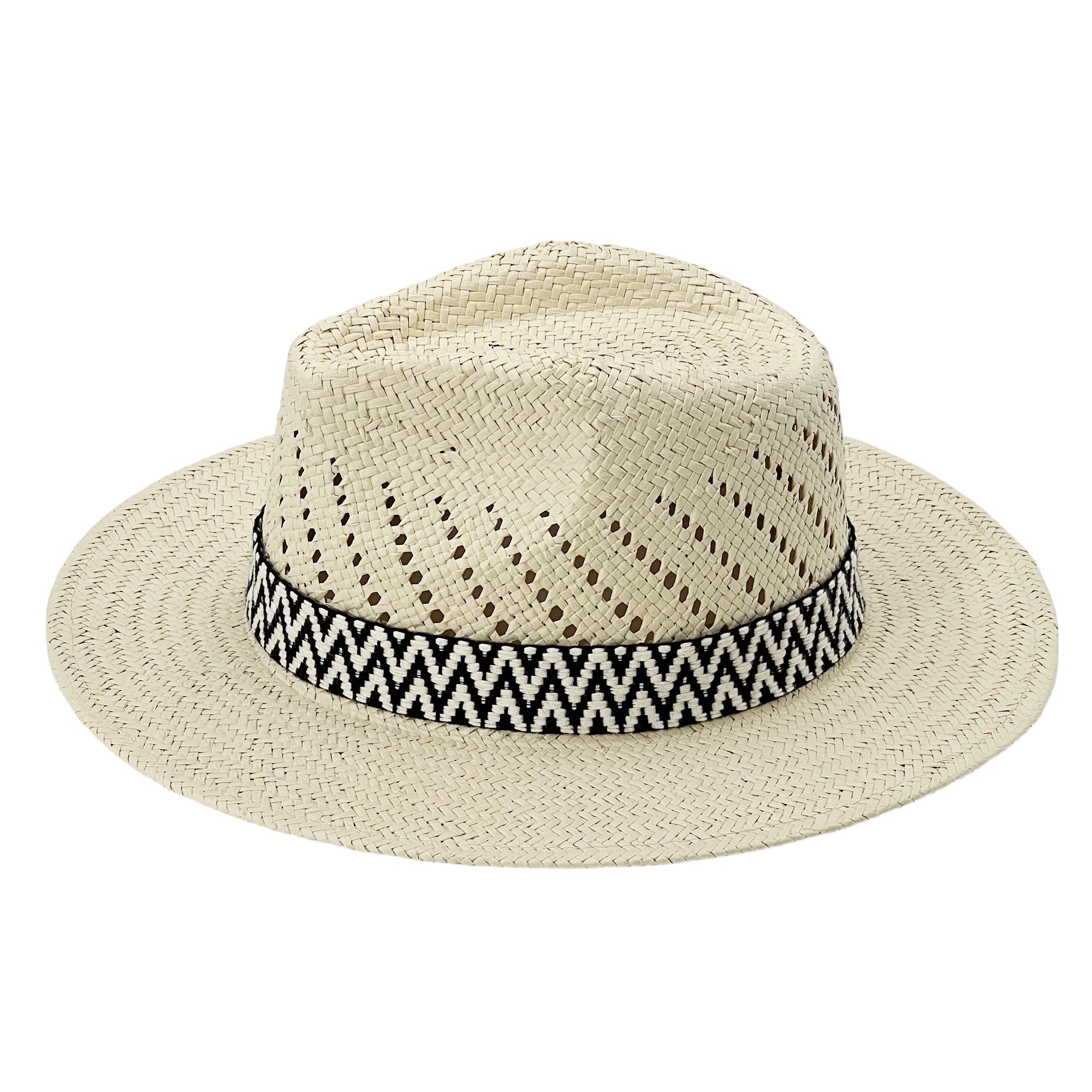 Straw Hat with B&W Patterned Fabric Band