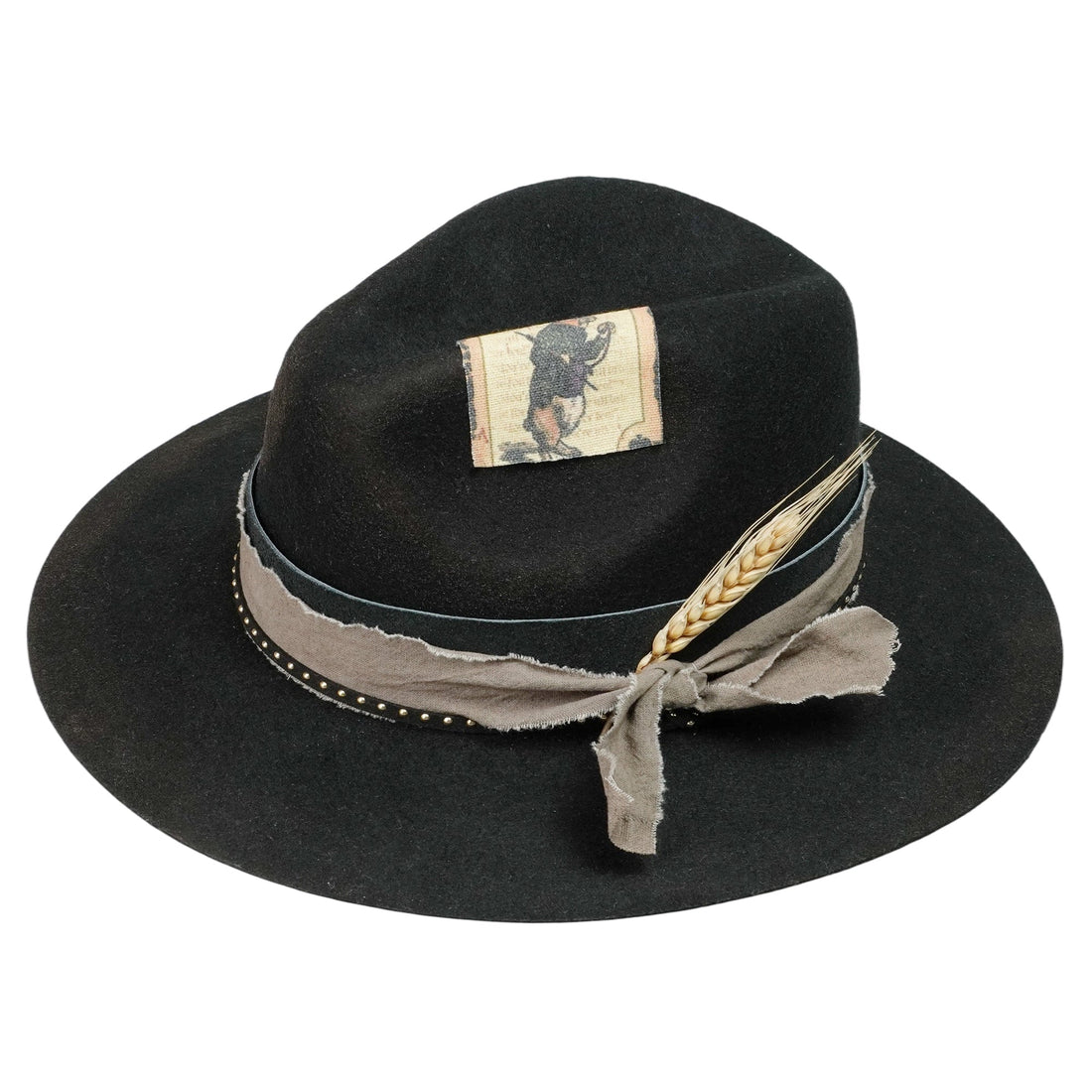 Black Felt Hat – Leather & Fabric Band, Vintage Appliqué