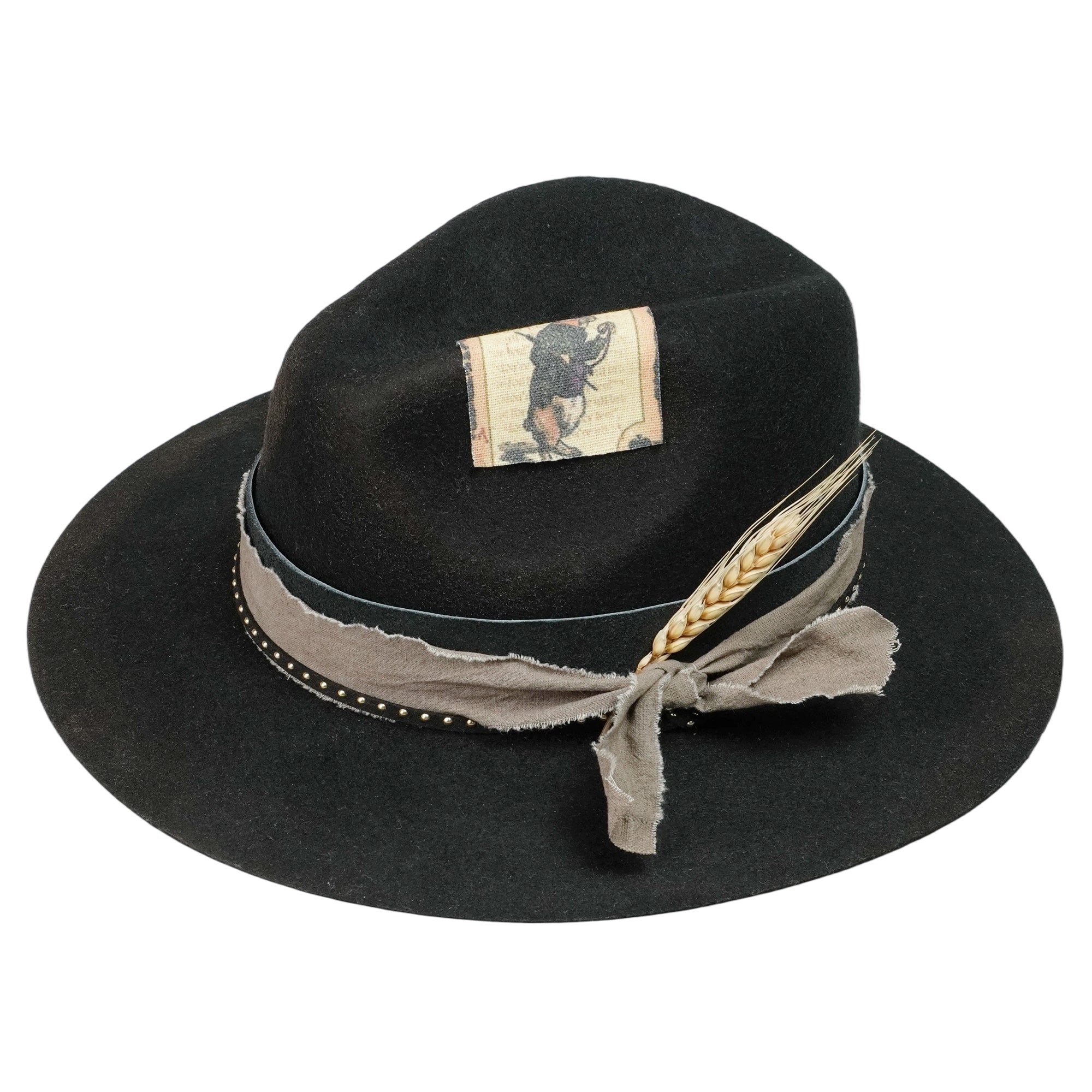 Black Felt Hat – Leather & Fabric Band, Vintage Appliqué