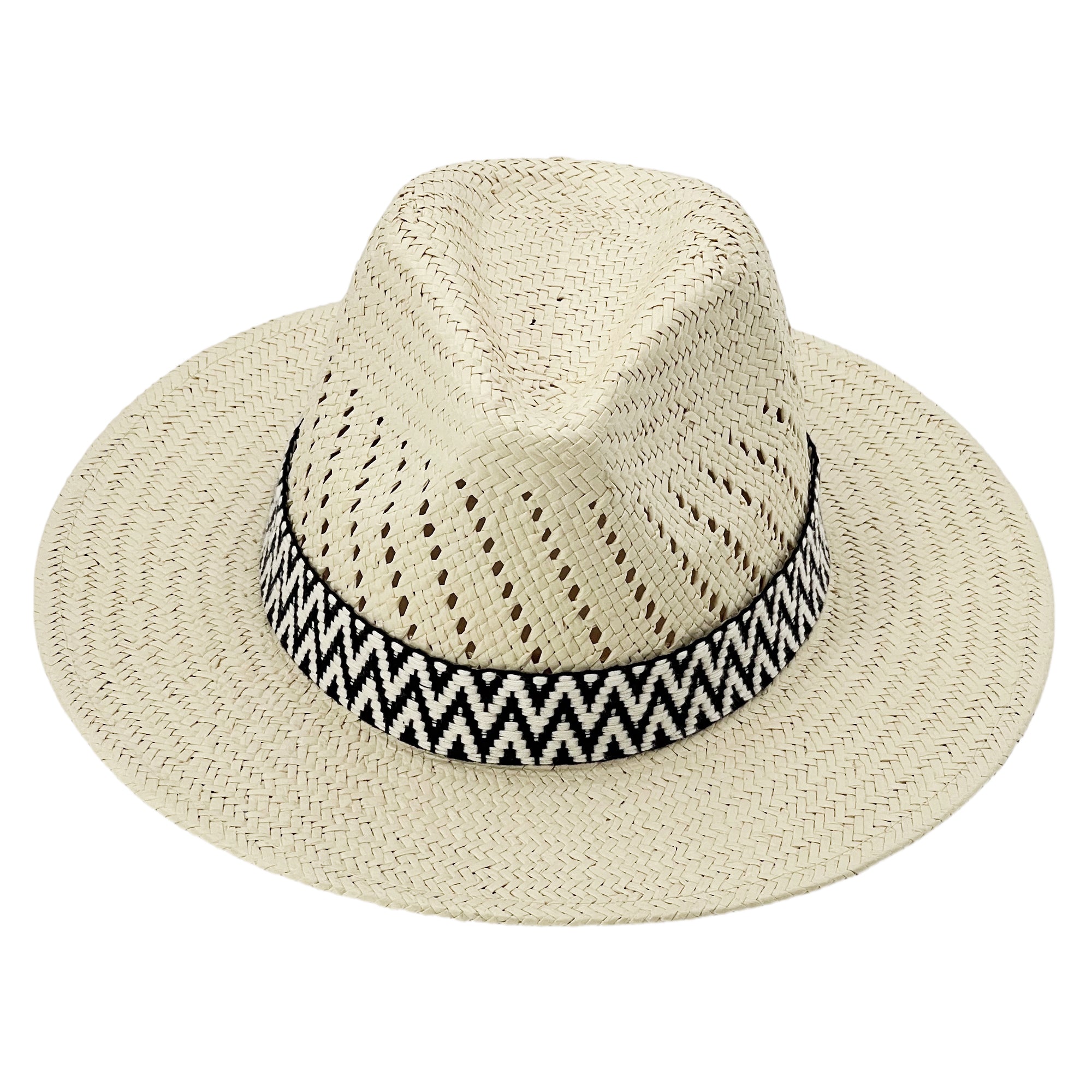 Straw Hat with B&W Patterned Fabric Band