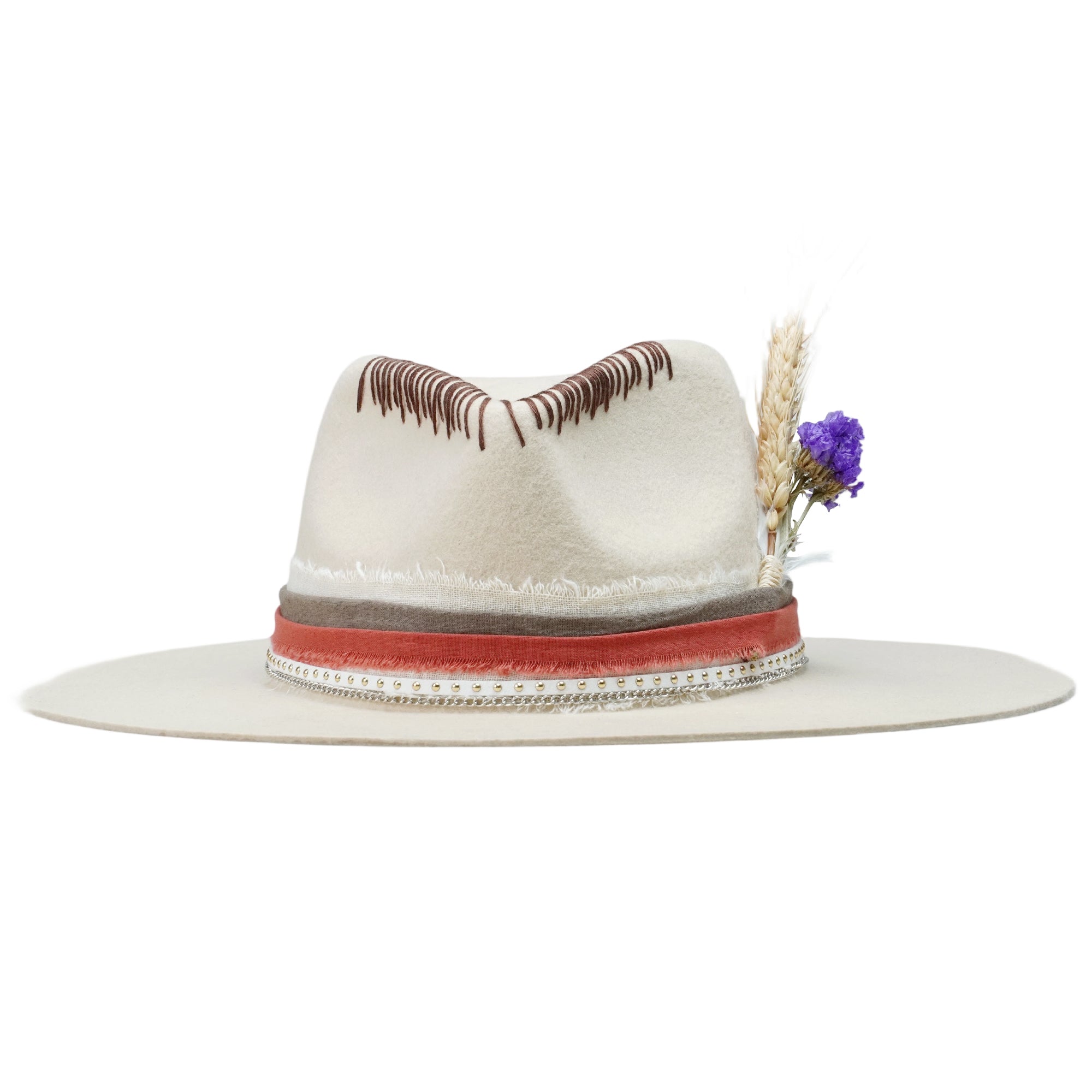 Classic Teardrop Crown Hat - Cream with Stitched Design