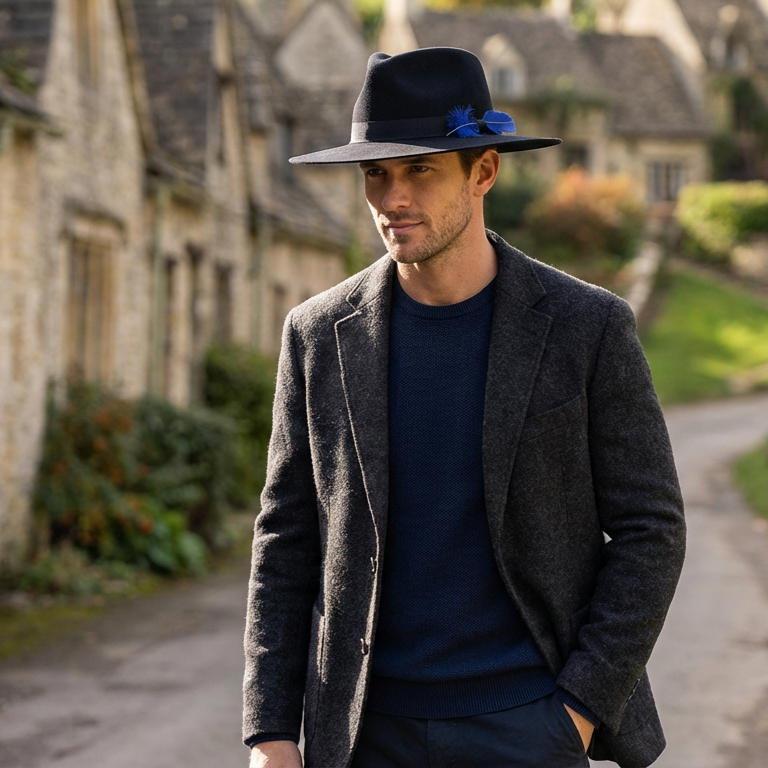 Midnight Black Flat-Brim – Blue Feather Accent