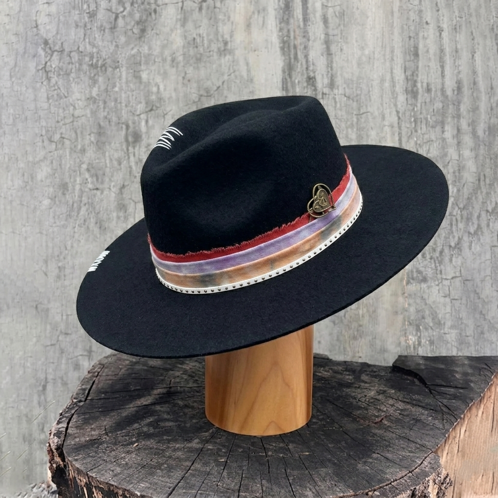 Flat-Brim Hat – Black, Tie-Dye Trim, Metal Accent