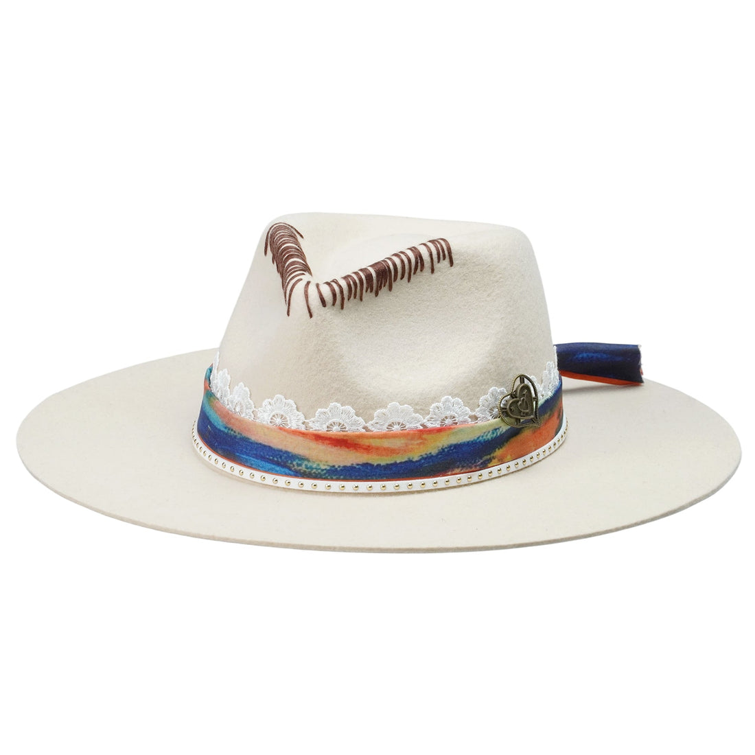 Off-White Felt Hat - Stitched Crown with Lace & Coppery Accent