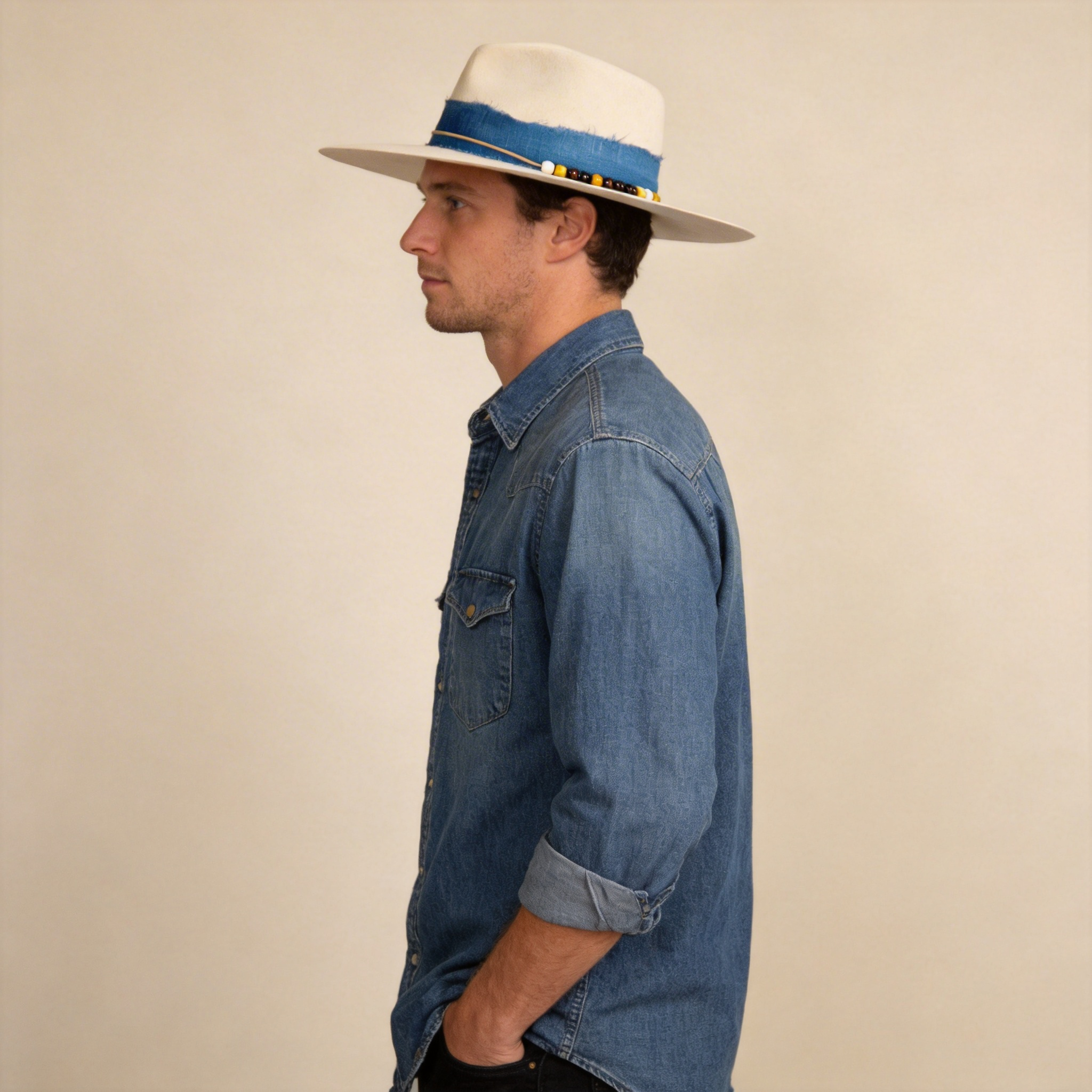 Premium Ivory Hat – Blue Fabric Band
