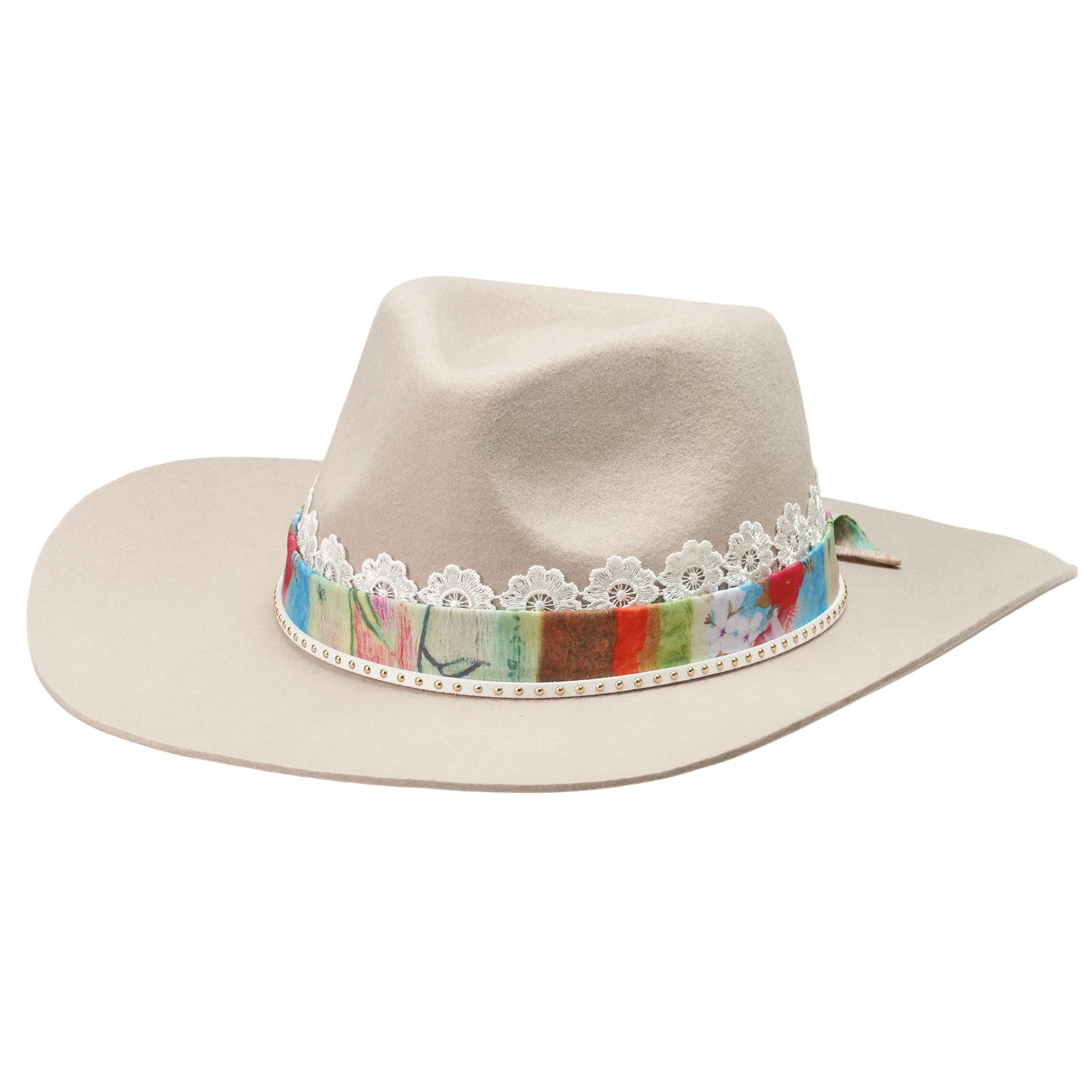 Off-White Rolled Brim Felt Hat with Lace & Art Band