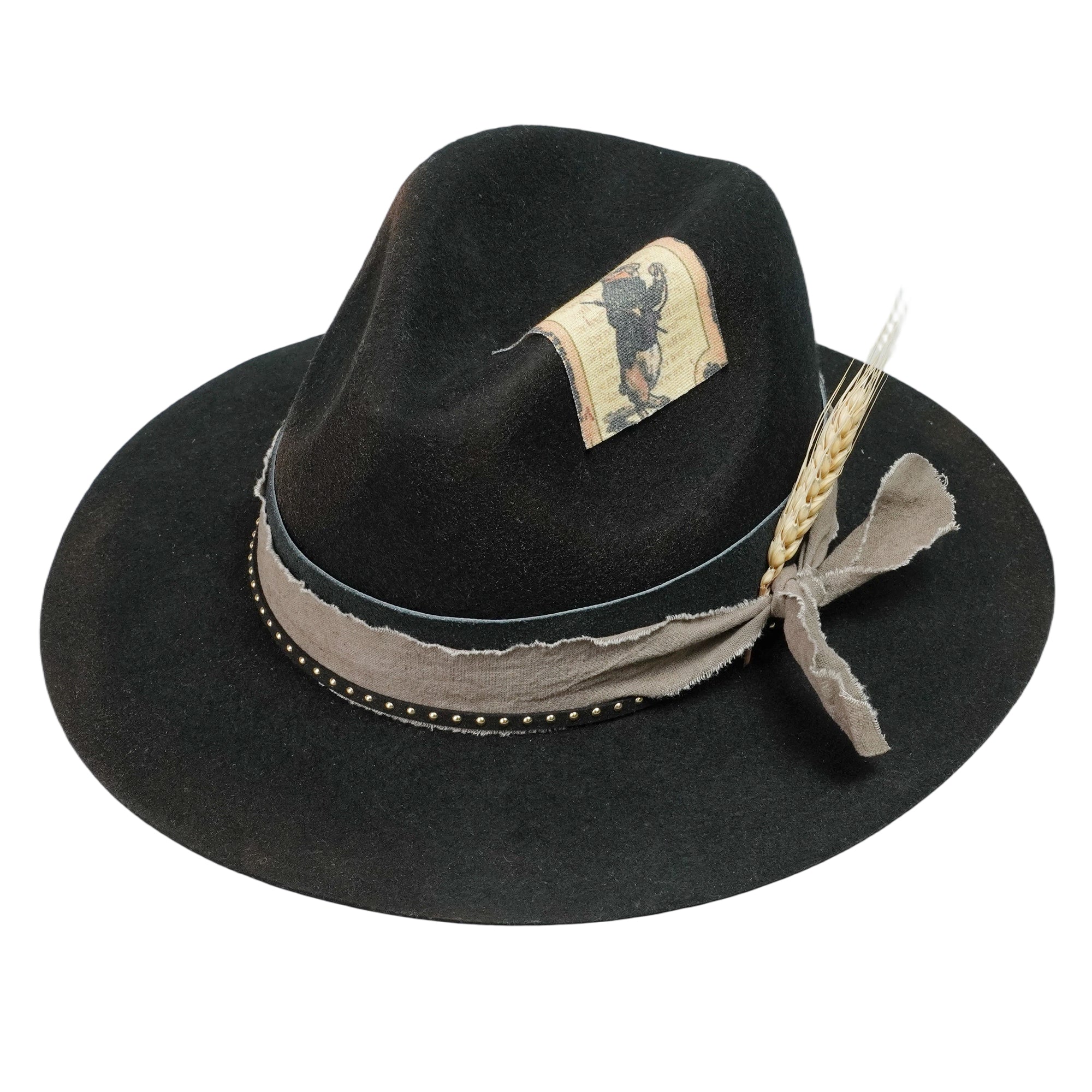 Black Felt Hat – Leather & Fabric Band, Vintage Appliqué
