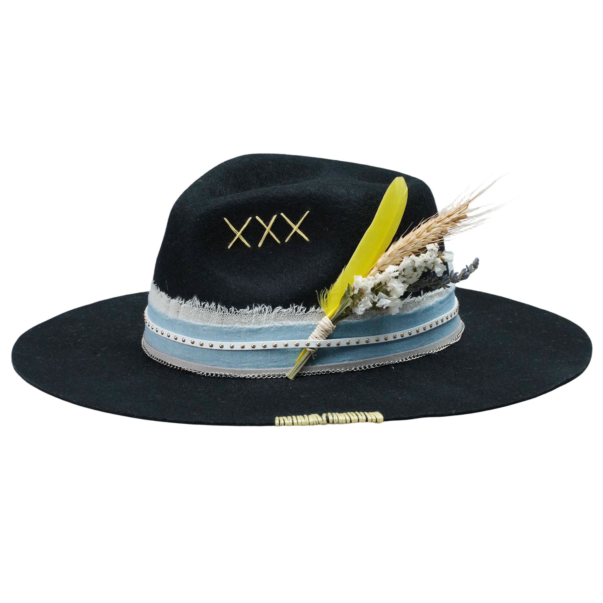 Black Felt Fedora with Denim & Leather Band