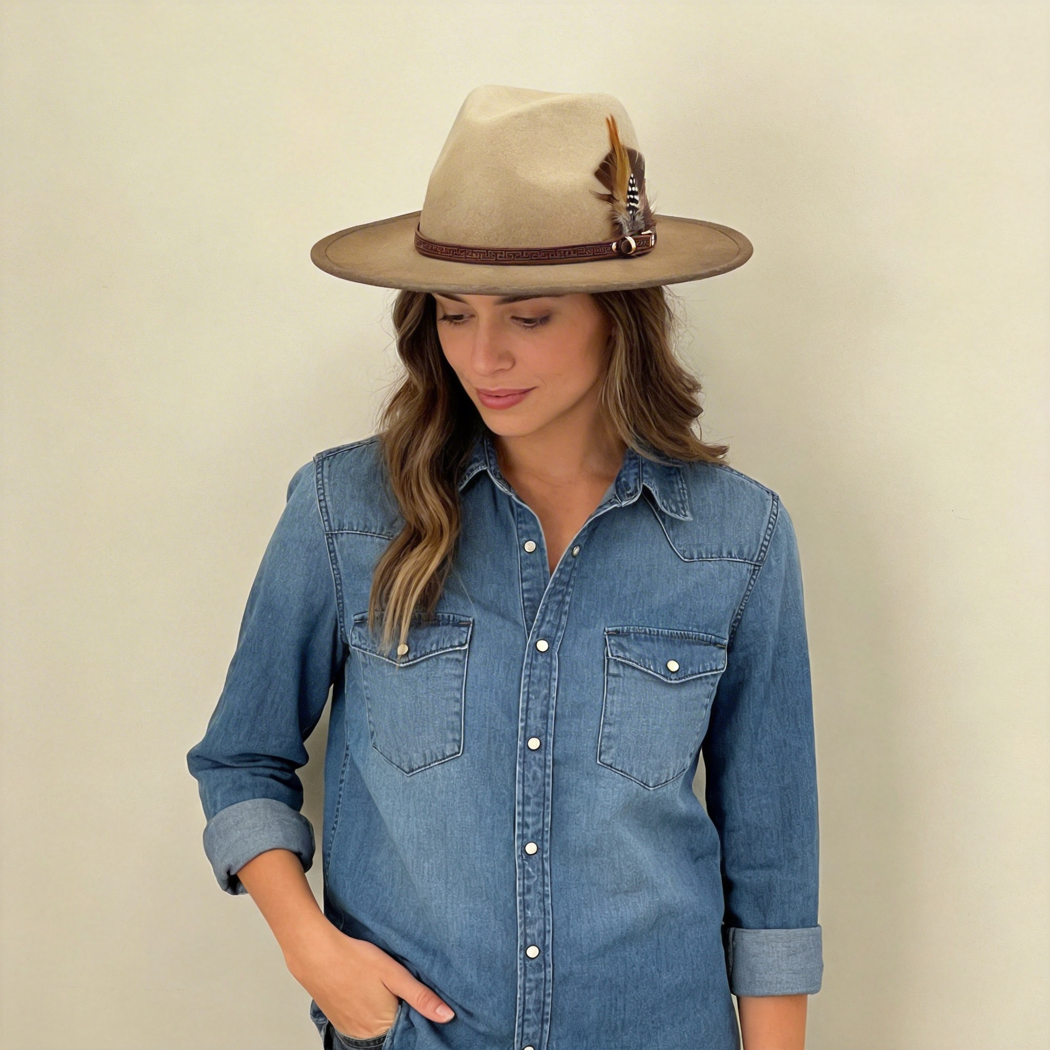 Ombre Beige Flat-Brim – Custom Leather Band & Feather