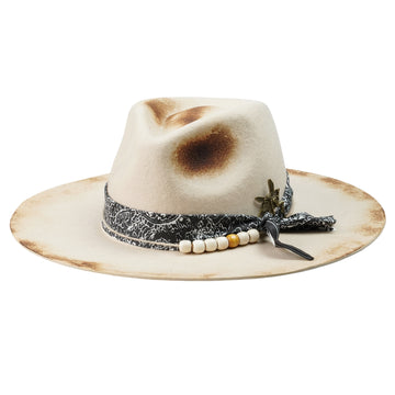 Hand-Burned Straight-Brim Felt Hat – Beaded Band, Vintage Metal Pin