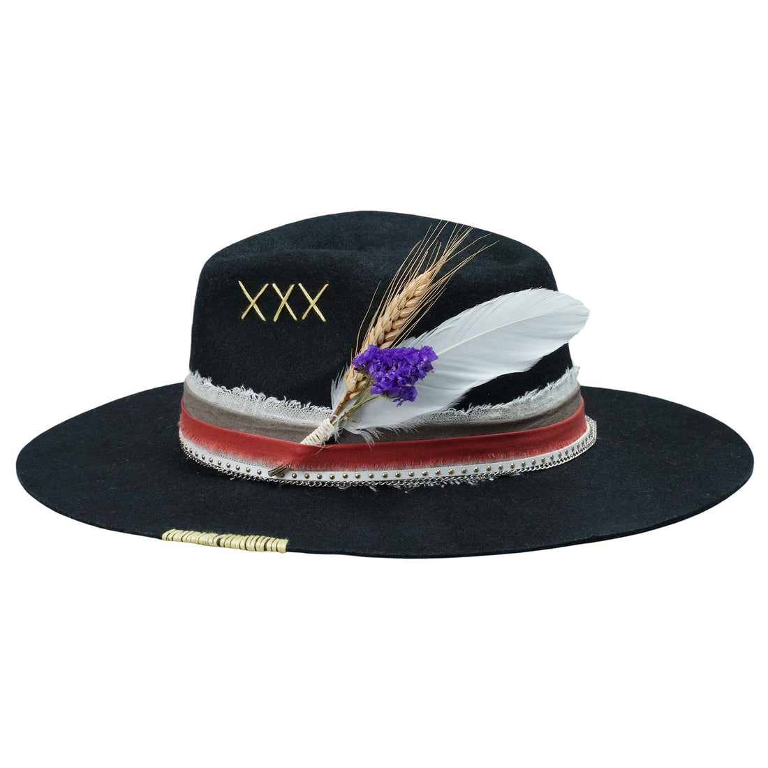 Black Felt Hat with Stitched Crown & Silver Chain Detail