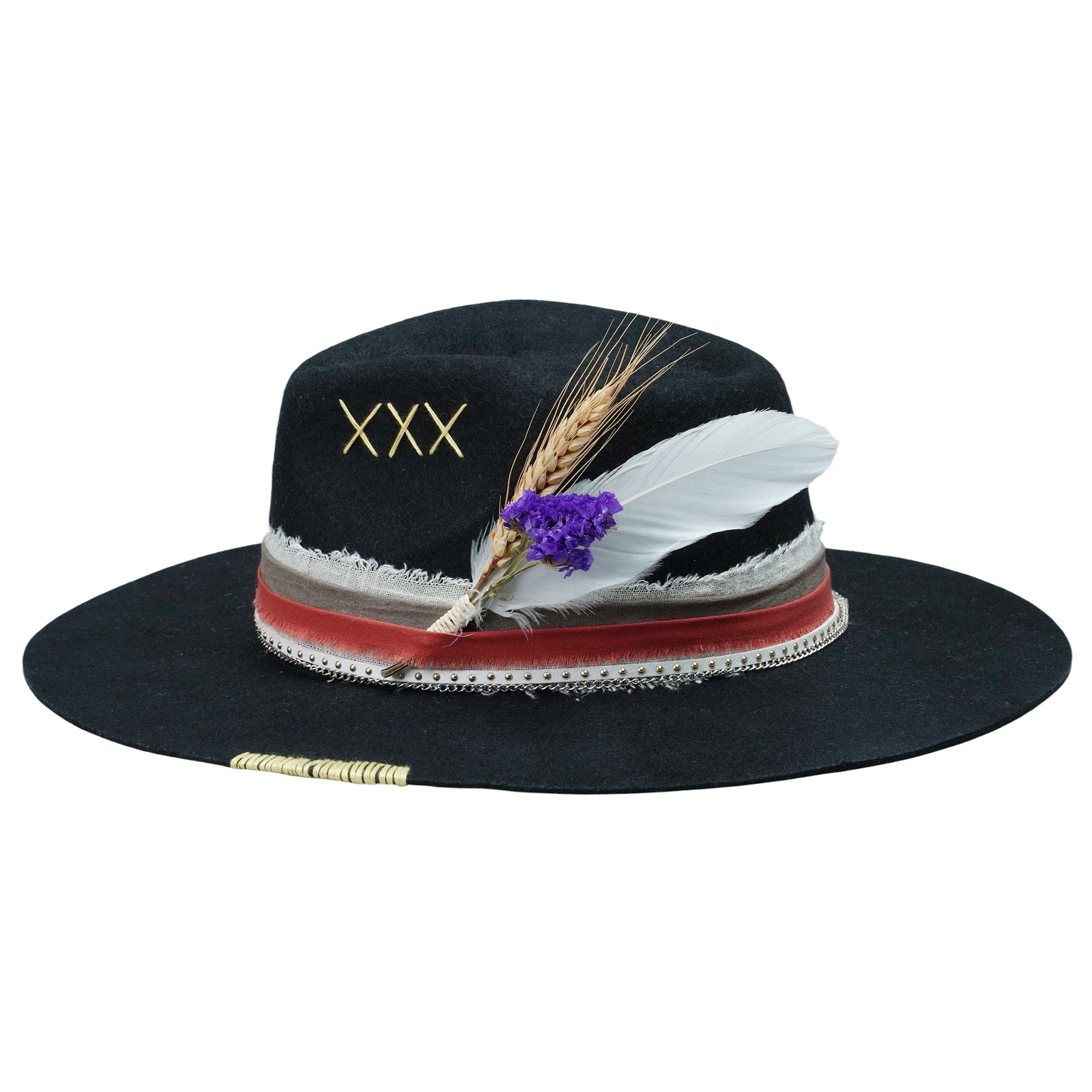 Black Felt Hat with Stitched Crown & Silver Chain Detail