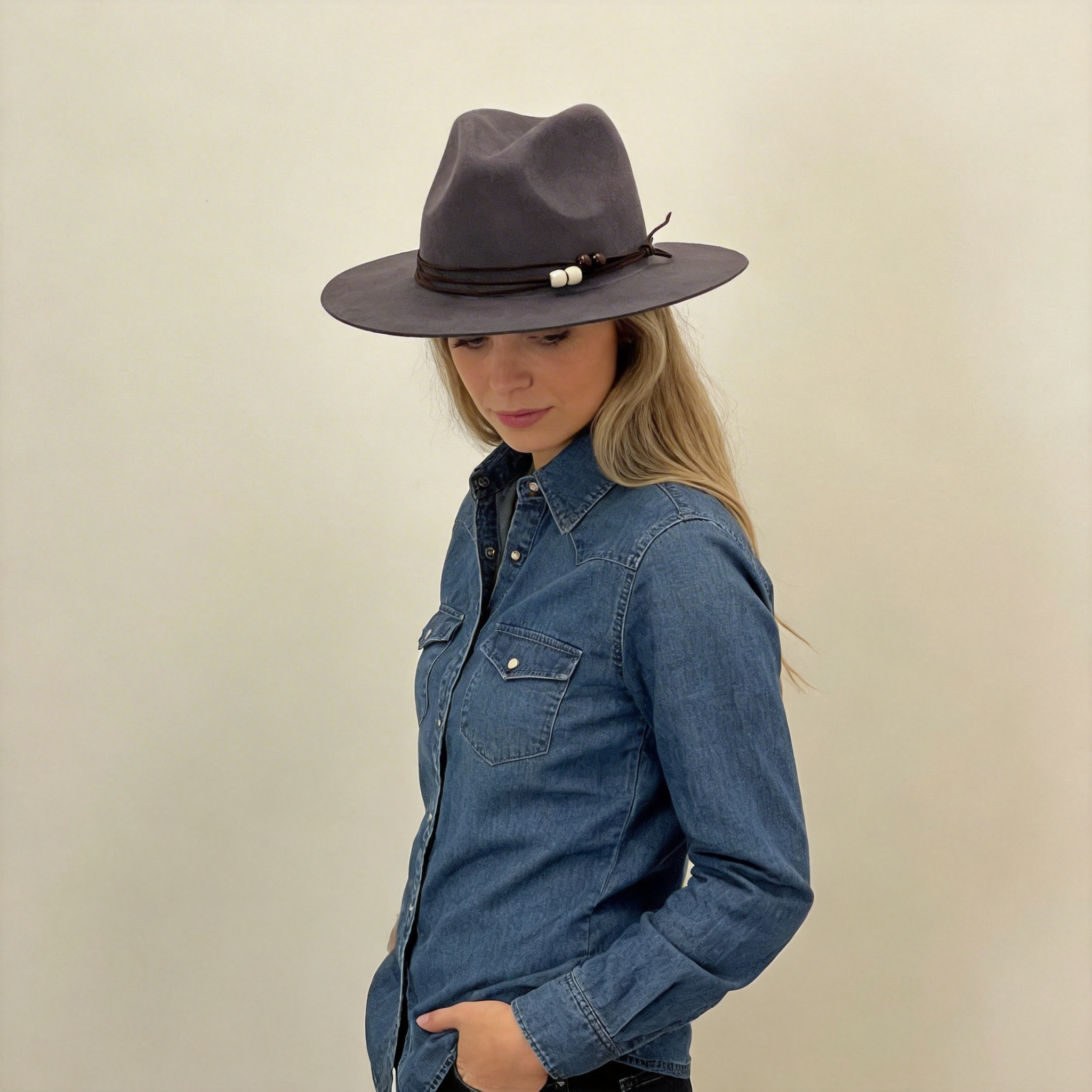 Deep Gray Flat-Brim – Beaded Accent Detail