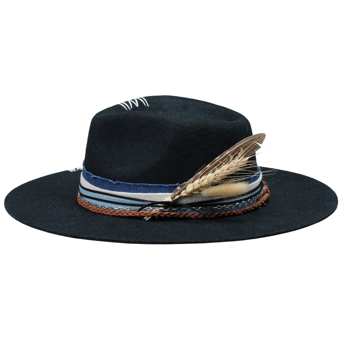 Black Felt Fedora with Braided Leather & Wheat
