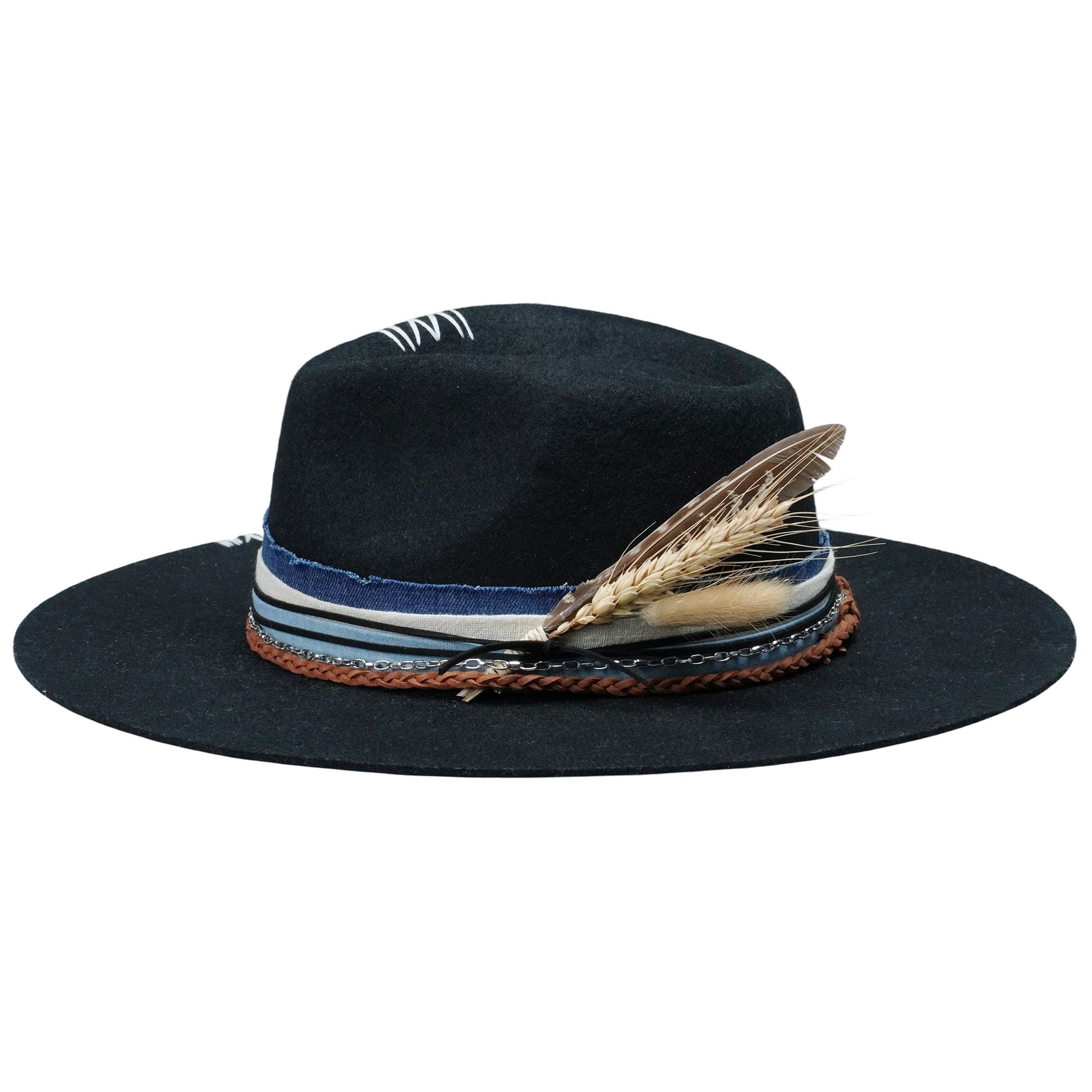 Black Felt Fedora with Braided Leather & Wheat