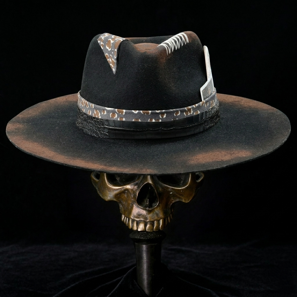 Hand-Burned Artistic Felt Hat – Sculpted Crown, Eclectic Hatband