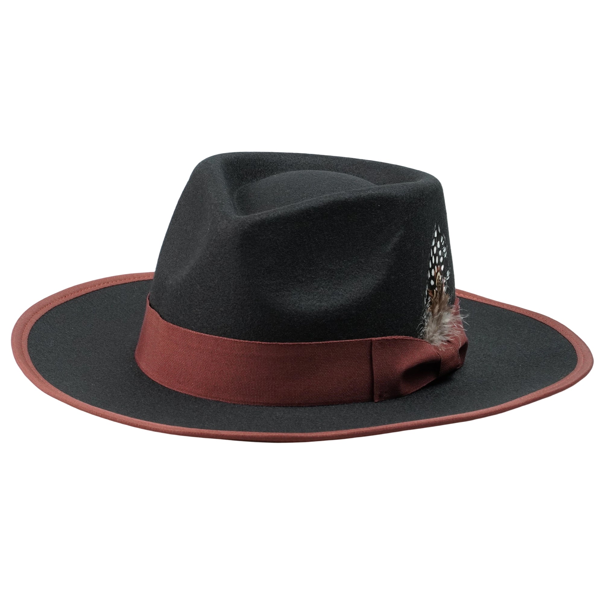 Black Felt Fedora with Burgundy Bow & Feather