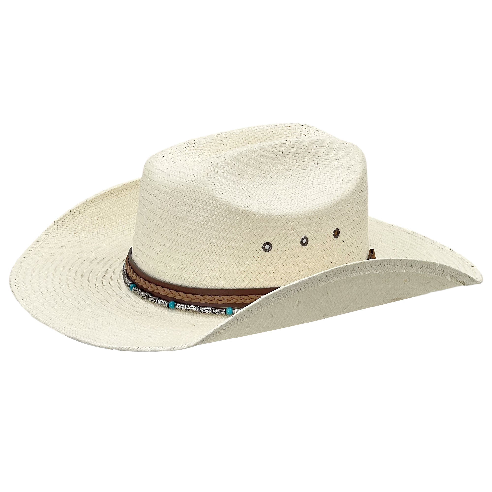 Wide Brim Straw Hat w/ Beaded Woven Band