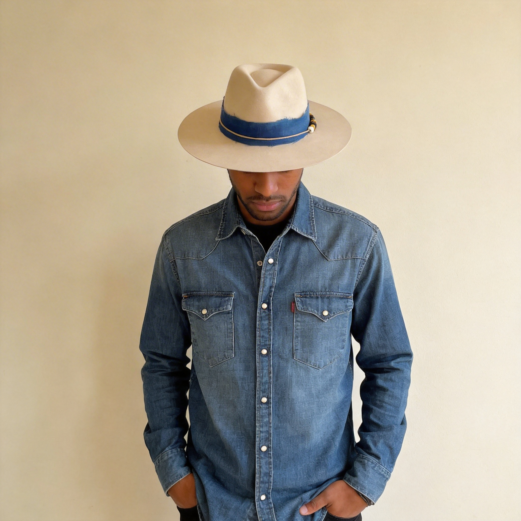 Premium Ivory Hat – Blue Fabric Band
