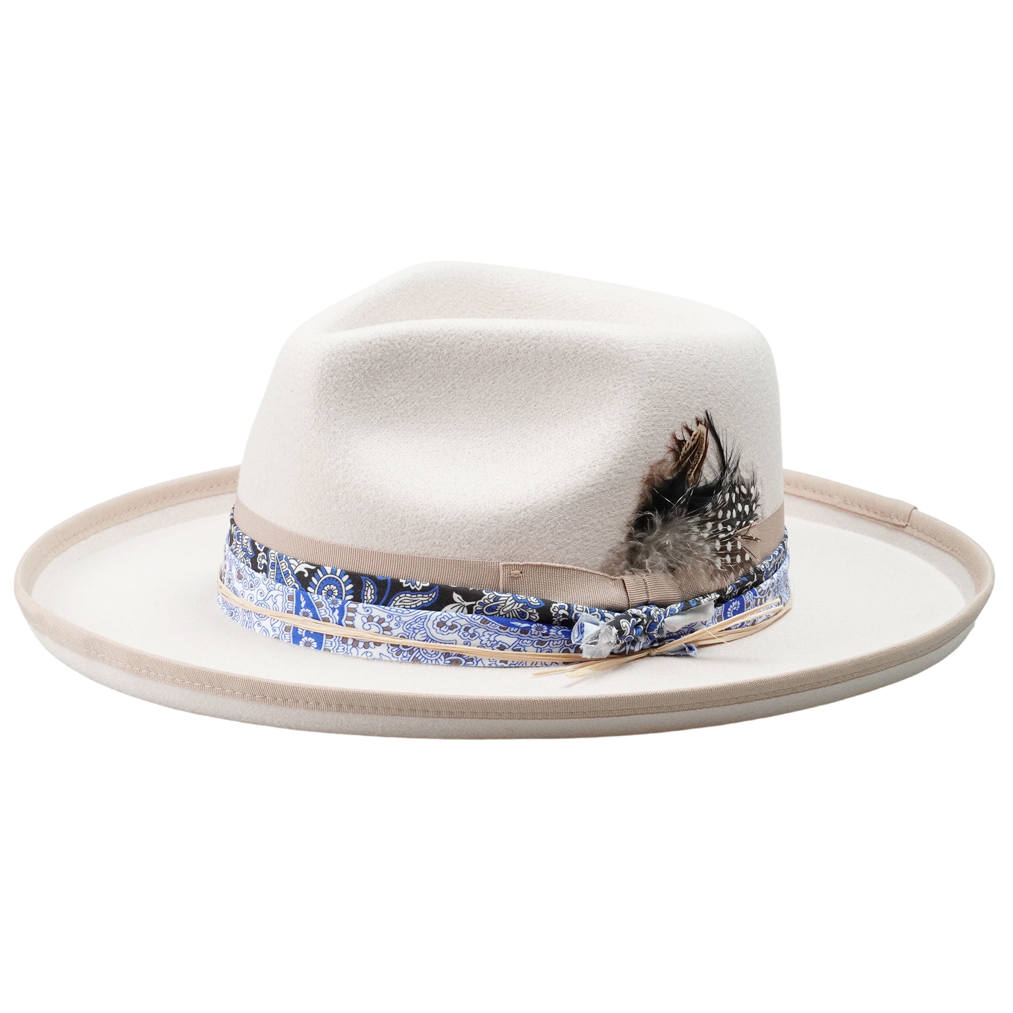 White Felt Fedora with Patterned Band & Feather