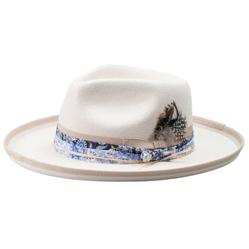 White Felt Fedora with Patterned Band & Feather