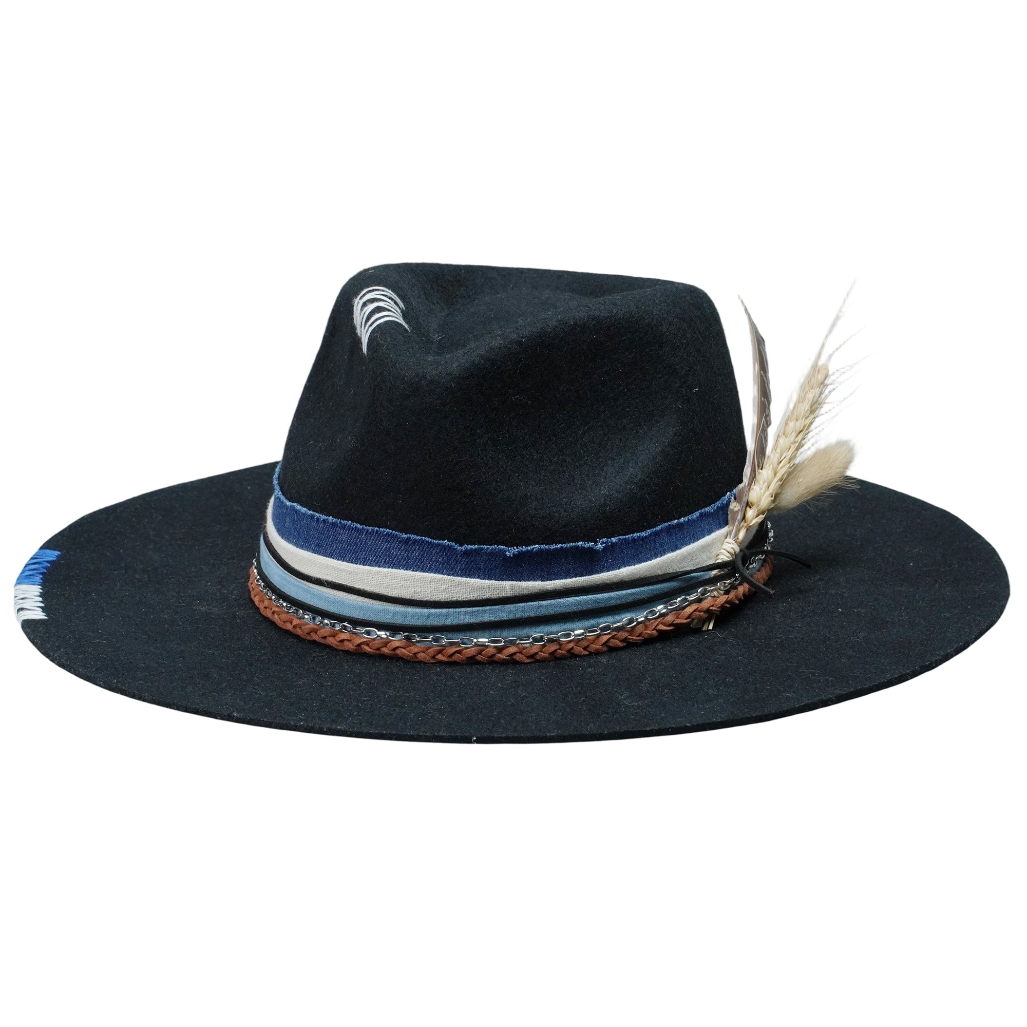 Black Felt Fedora with Braided Leather & Wheat