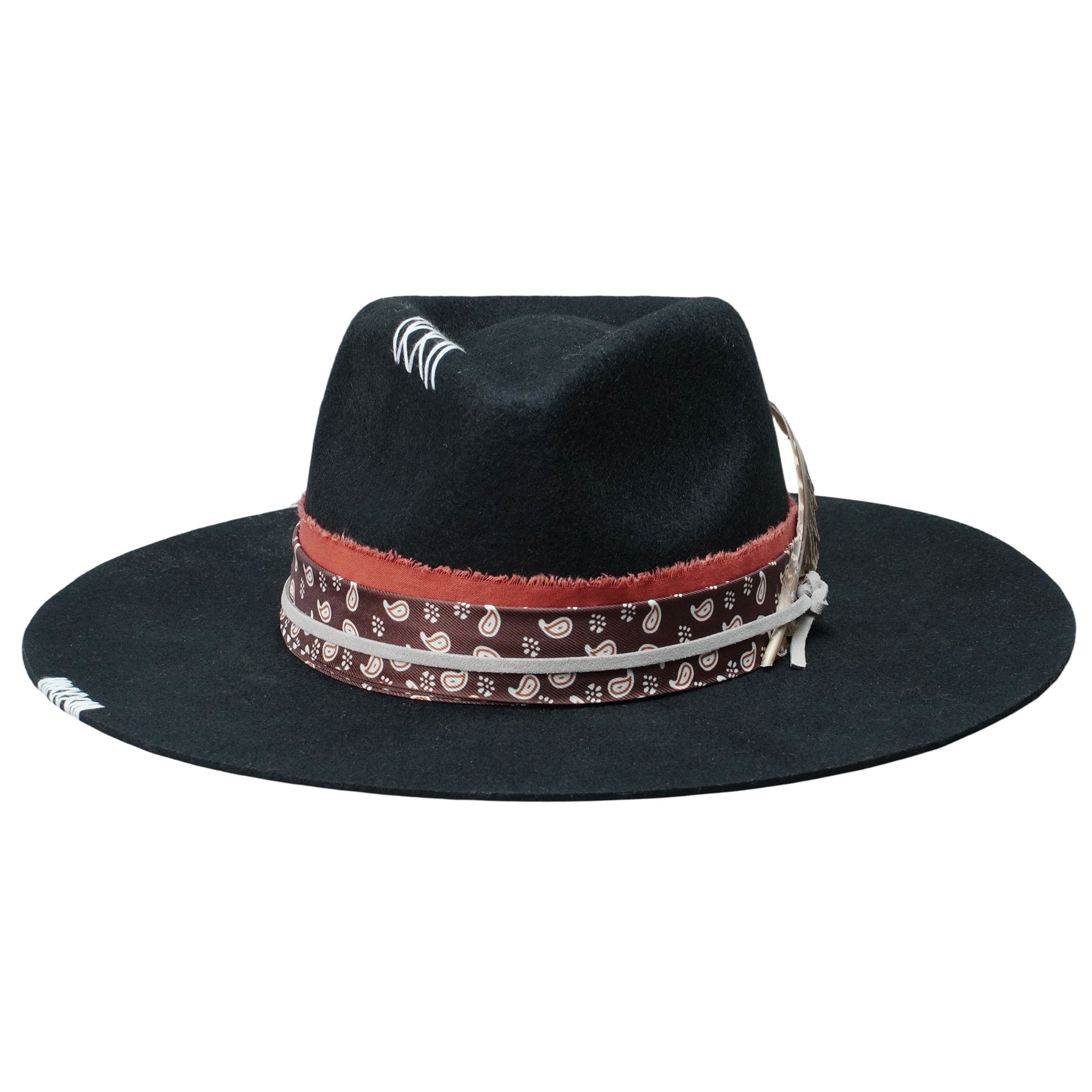 Modern Flat-Brim Hat – Sleek Black, Custom Fabric Band with Feathers