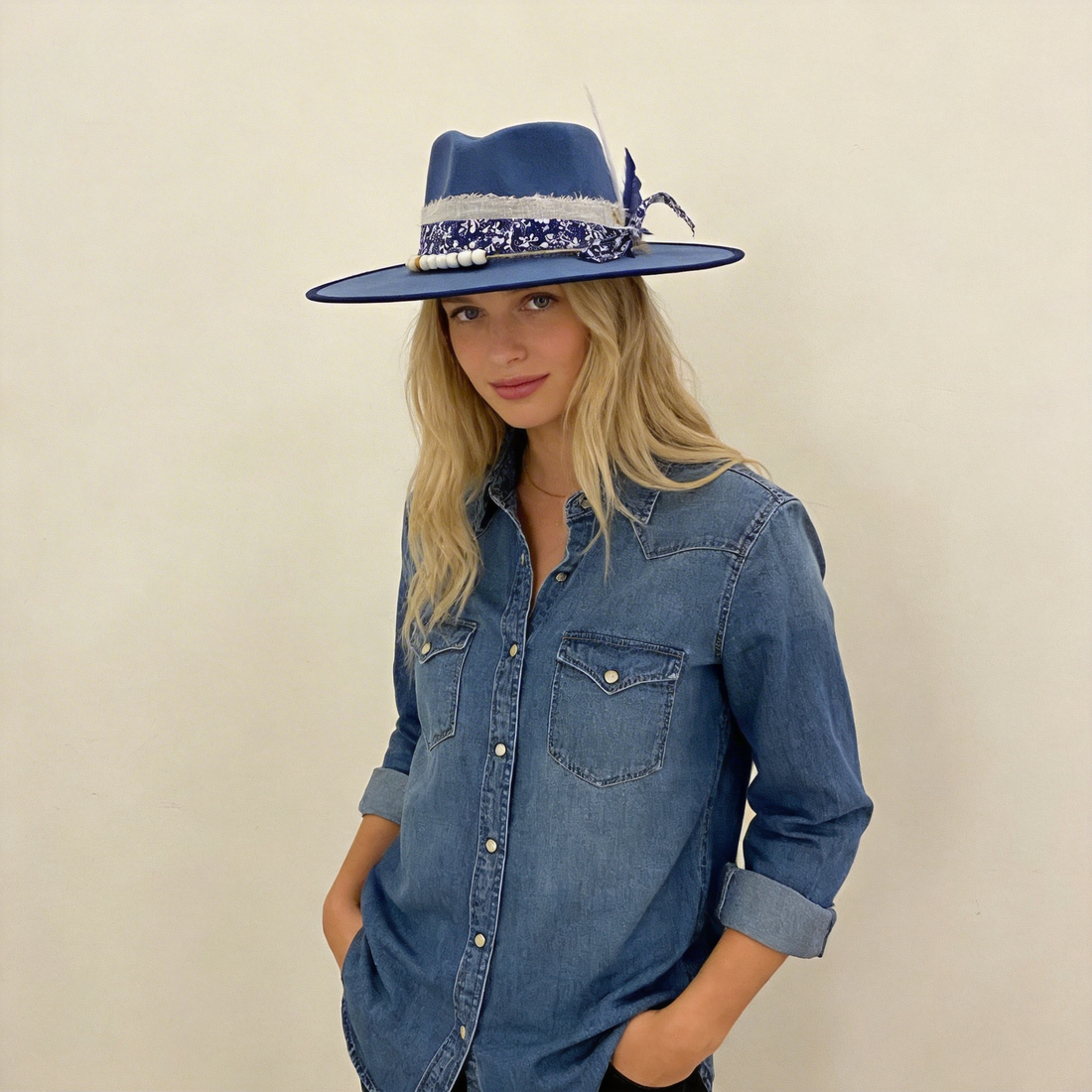 Denim Blue Wide-Brim – Print, Feather & Beads