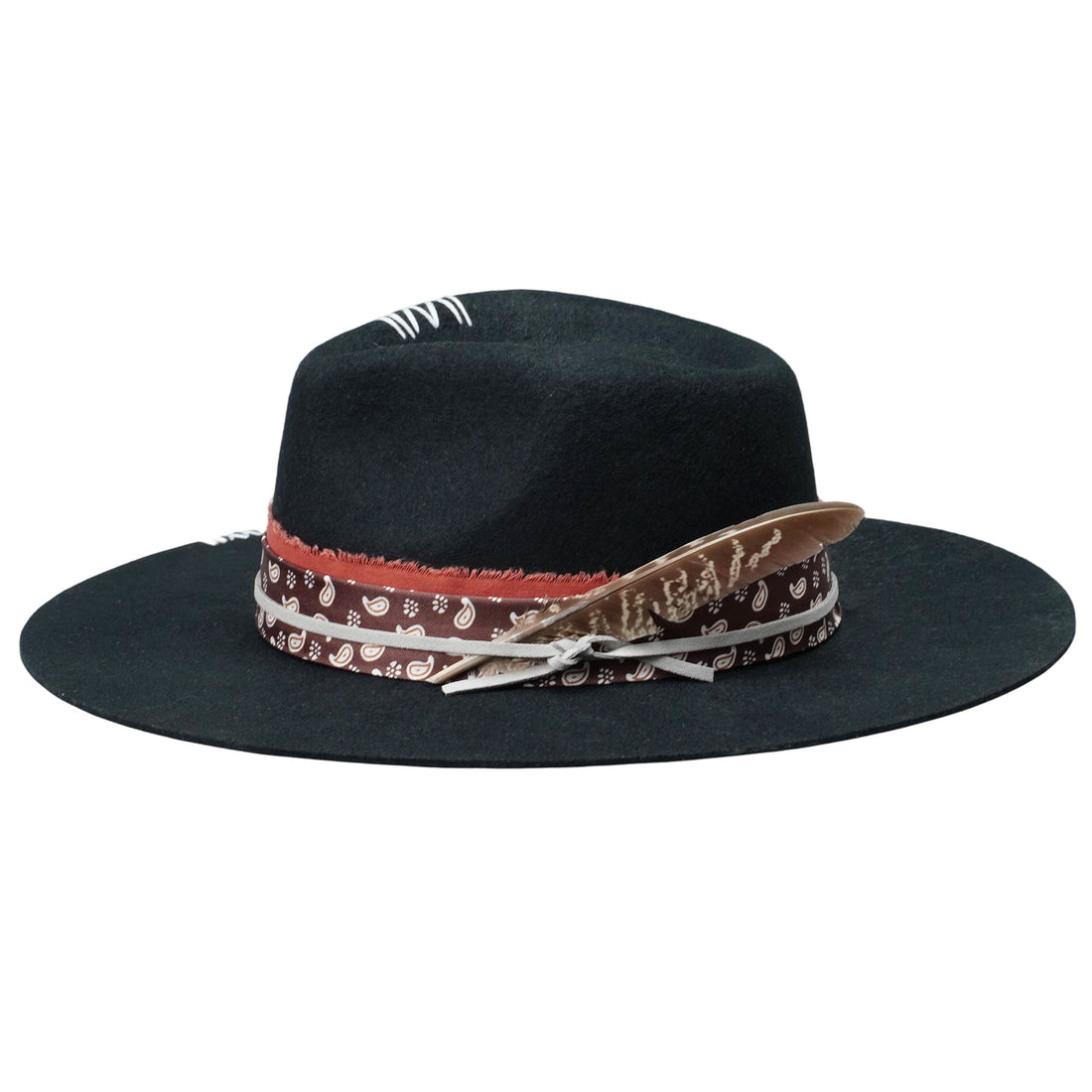 Modern Flat-Brim Hat – Sleek Black, Custom Fabric Band with Feathers