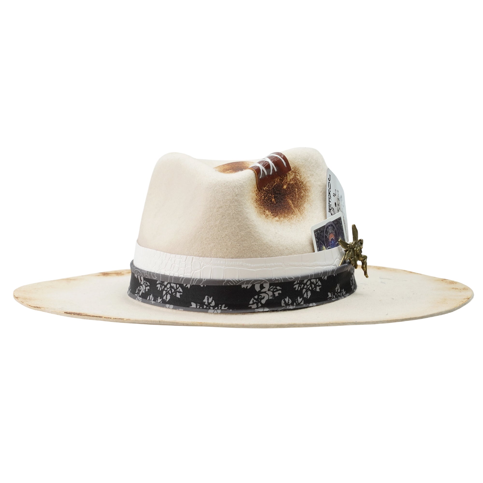 Felt Hat – Off-White with Teardrop Crown and Burnt Edges