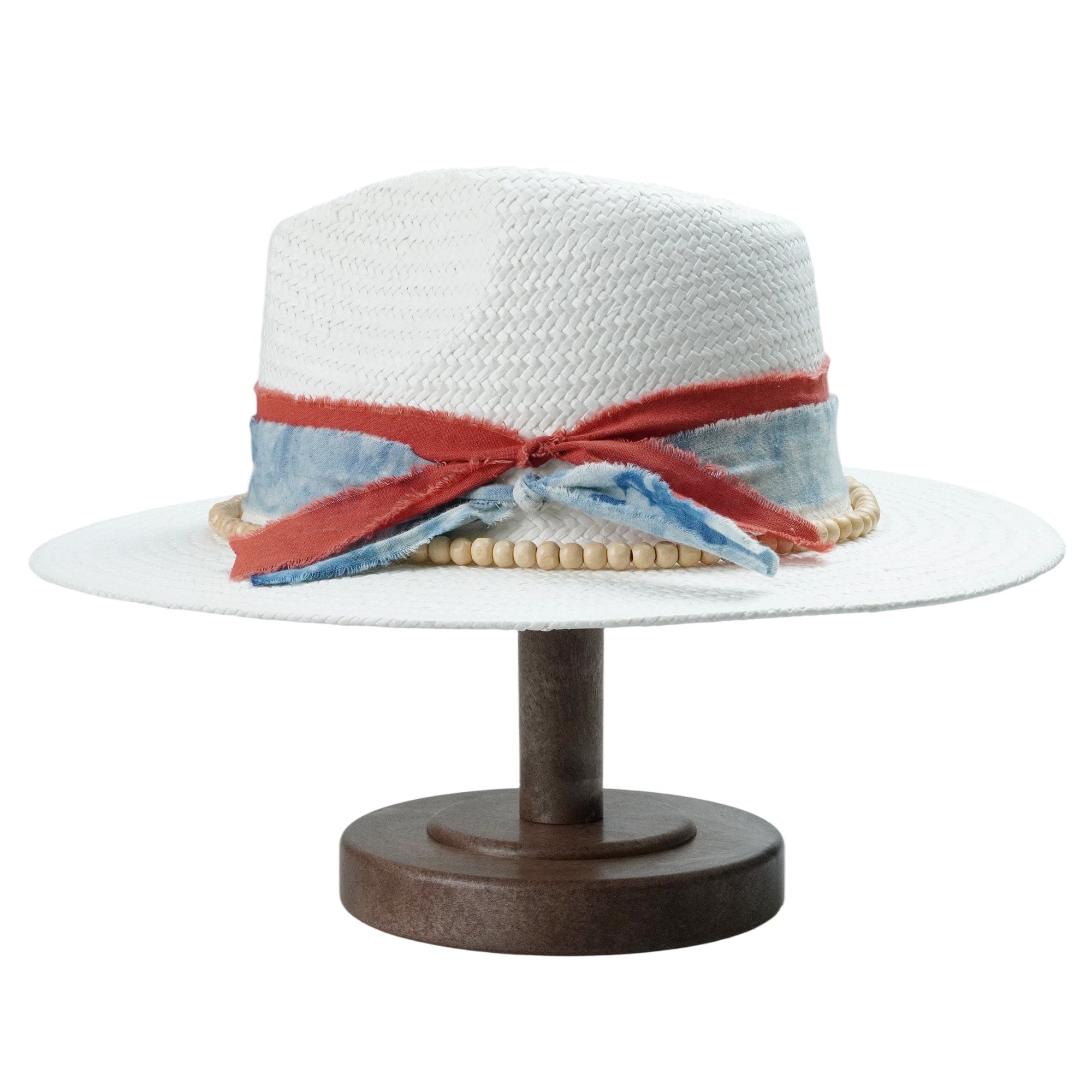 White Breathable Straw Fedora with Tie-Dye Fabric Band & Beaded Trim
