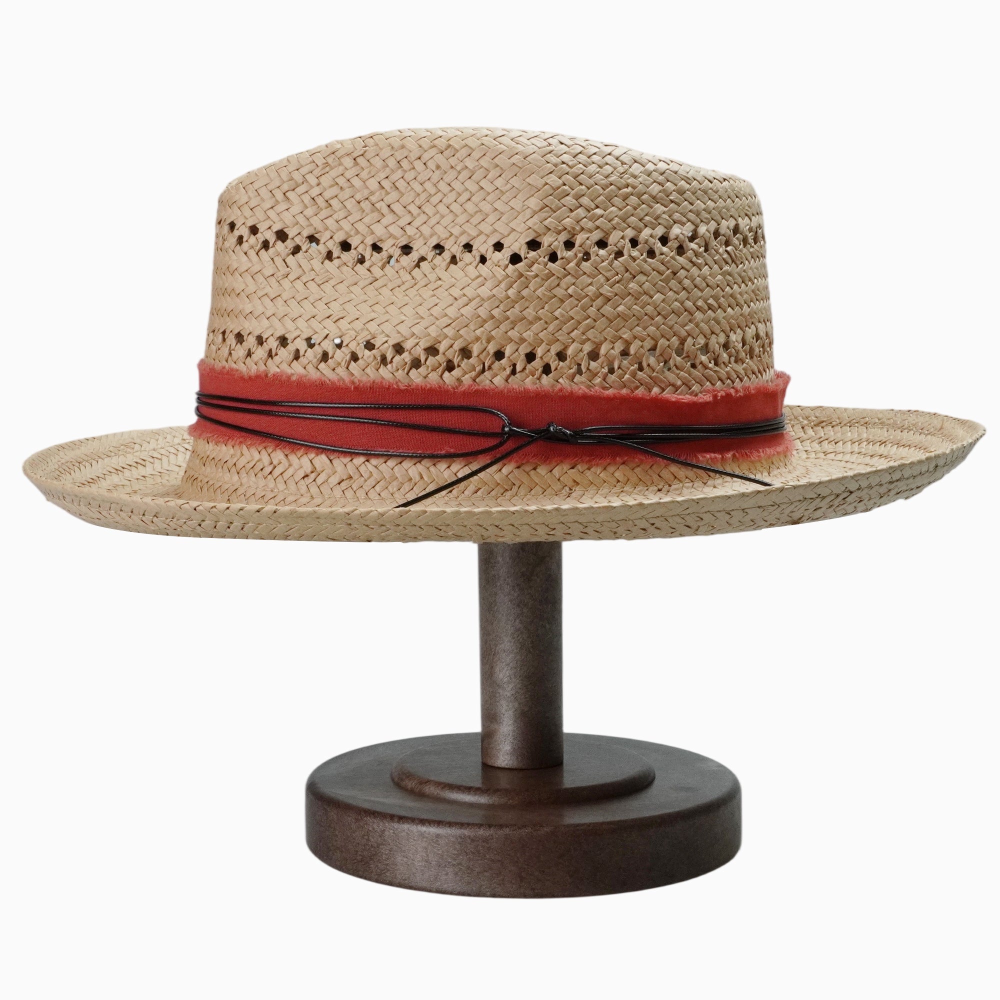Breathable Straw Fedora with Distressed Red Band & Cord Trim