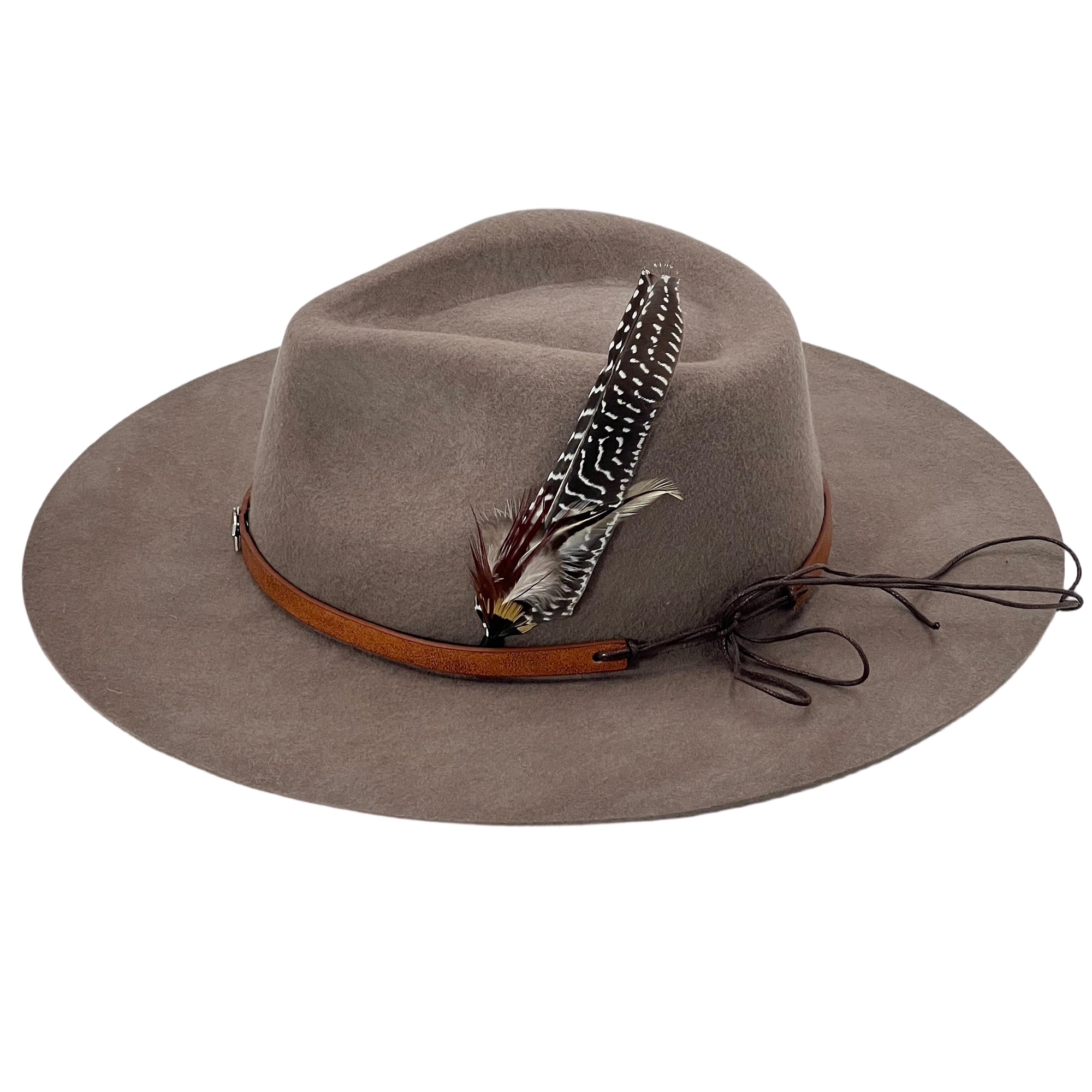 Earthy Gray Flat-Brim – Metal Clasp & Feather