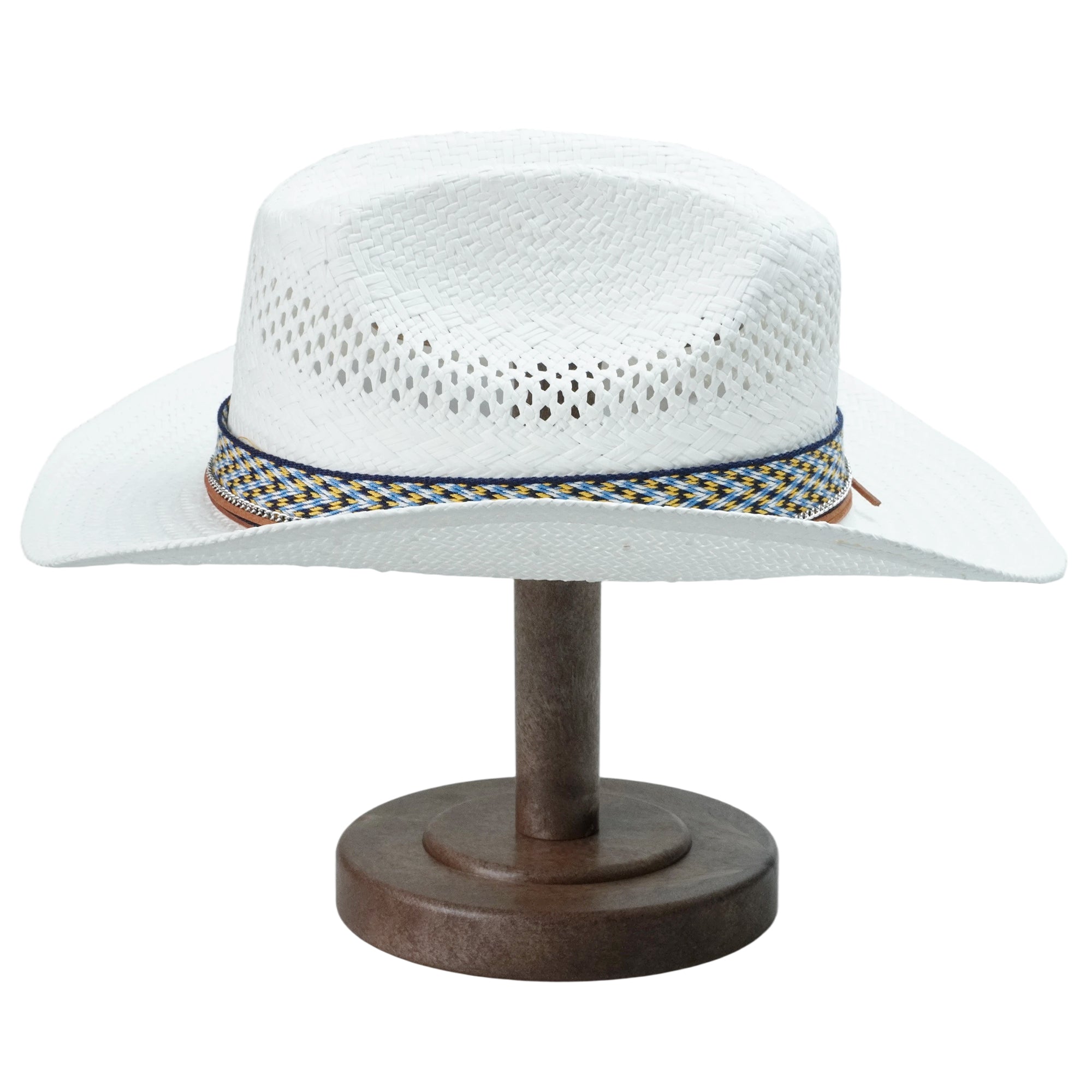 White Straw Hat with Woven Band & Silver Chain