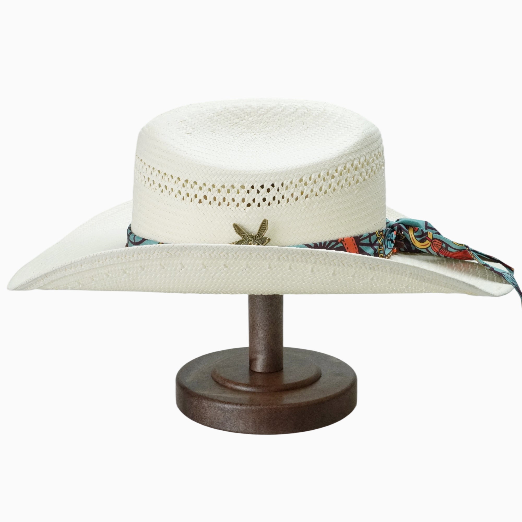 Light Off-White Breathable Straw Fedora with Printed Scarf & Fairy Charm
