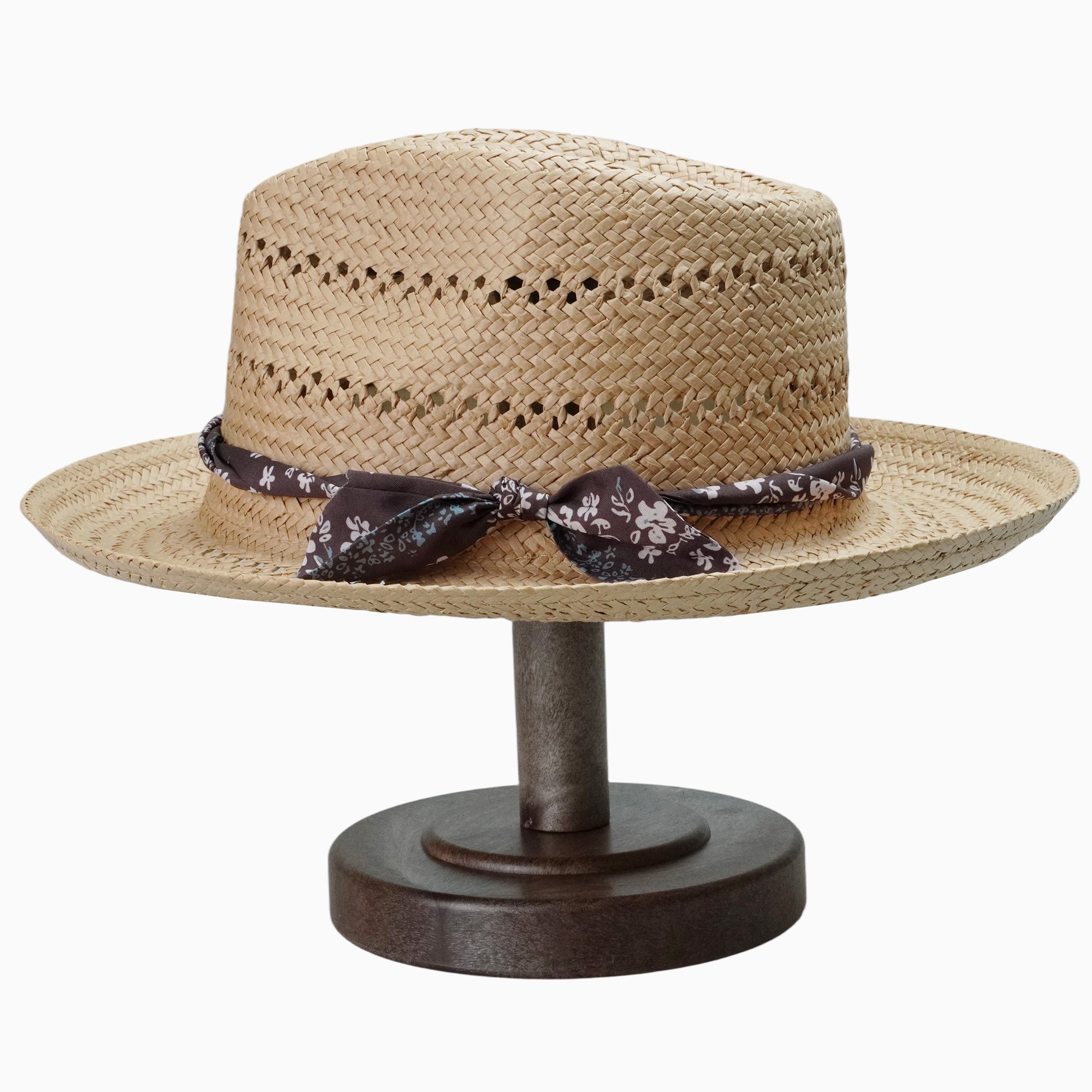 Light Brown Breathable Straw Fedora with Floral Band & Side Tie