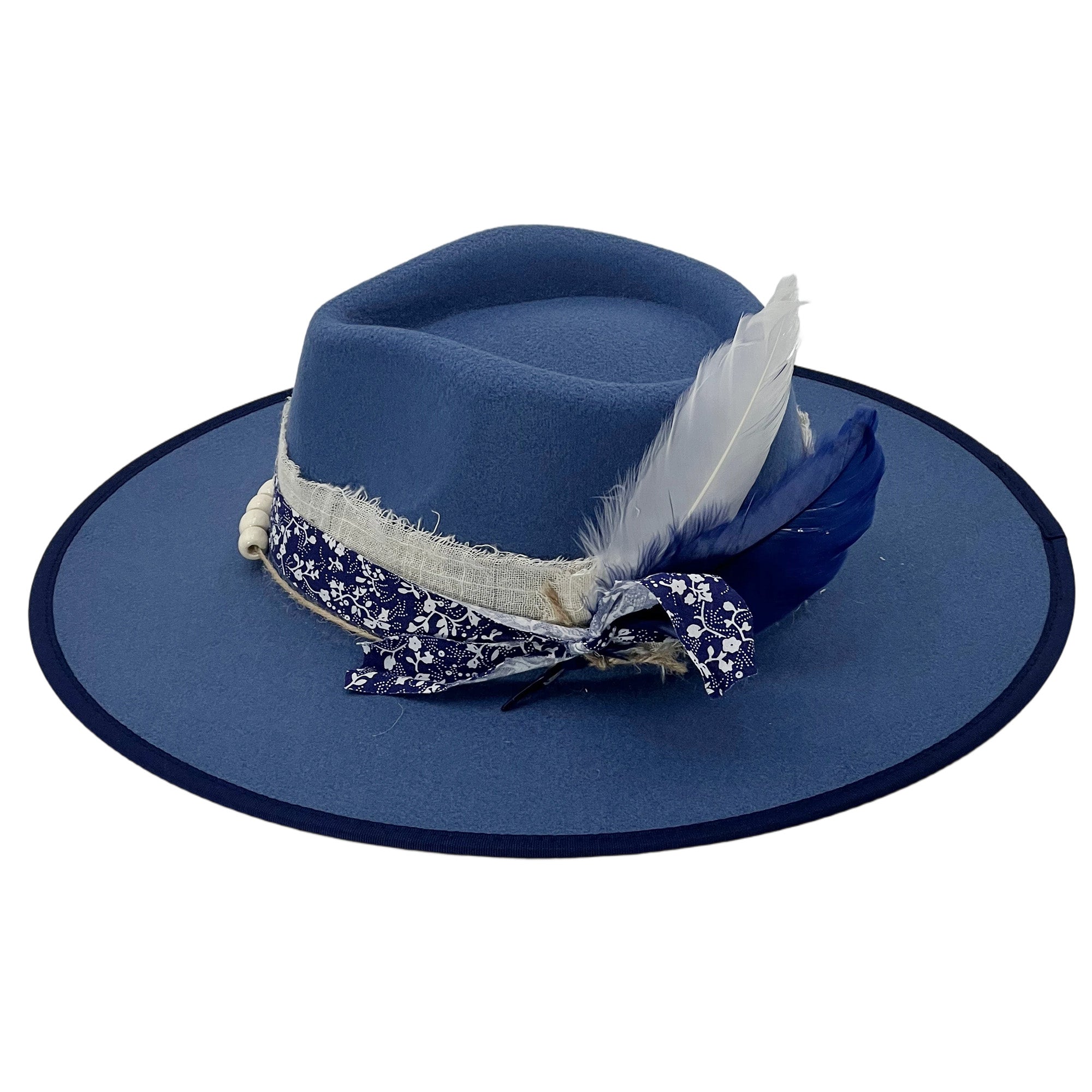 Denim Blue Wide-Brim – Print, Feather & Beads