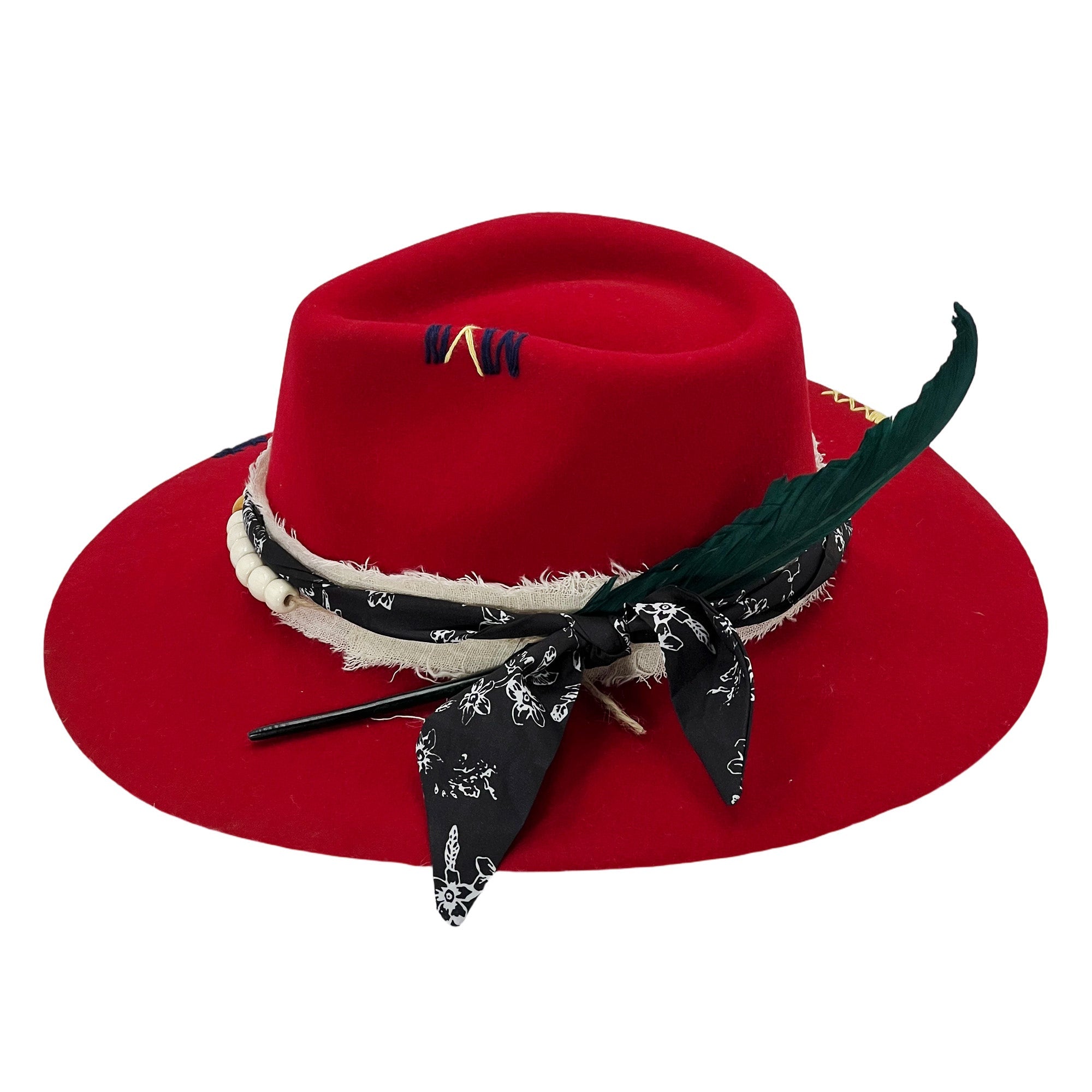 Bold Red Hat w/ Woven & Beaded Trim