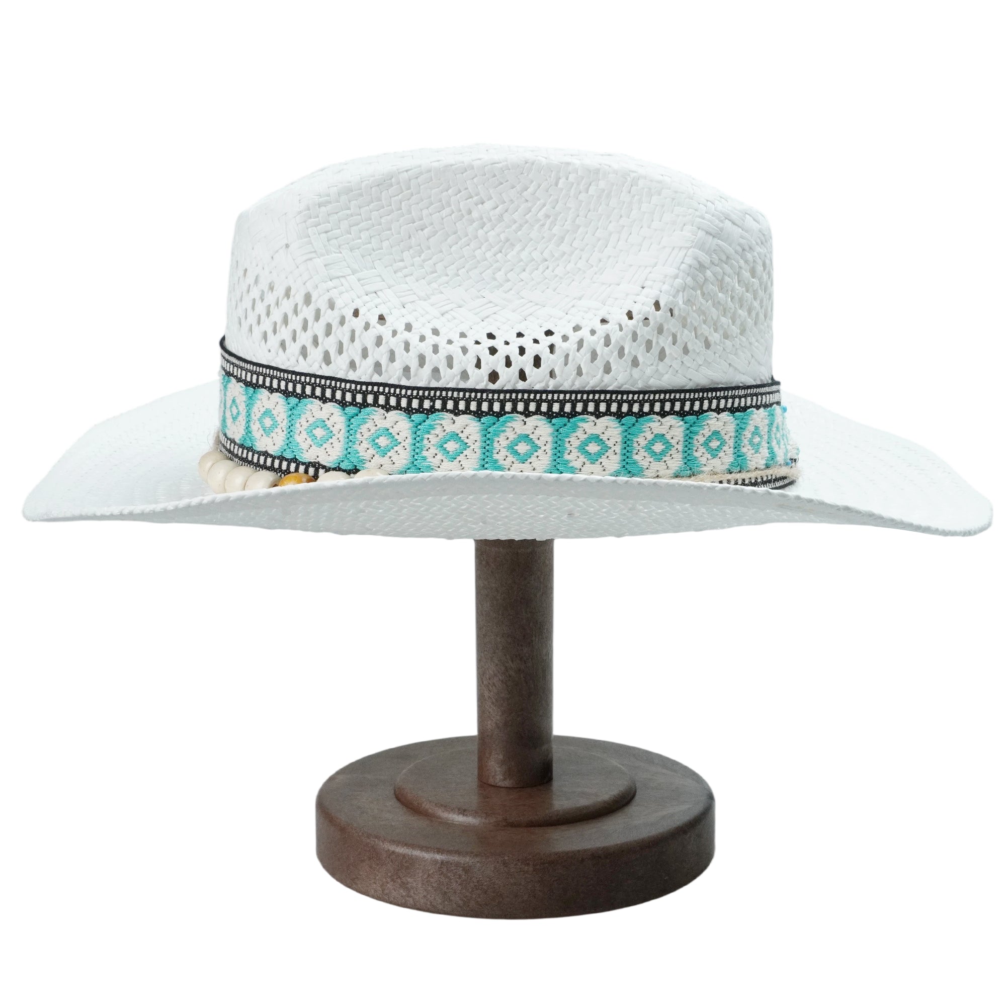 White Breathable Straw Fedora with Geometric Woven Band & Wooden Beads