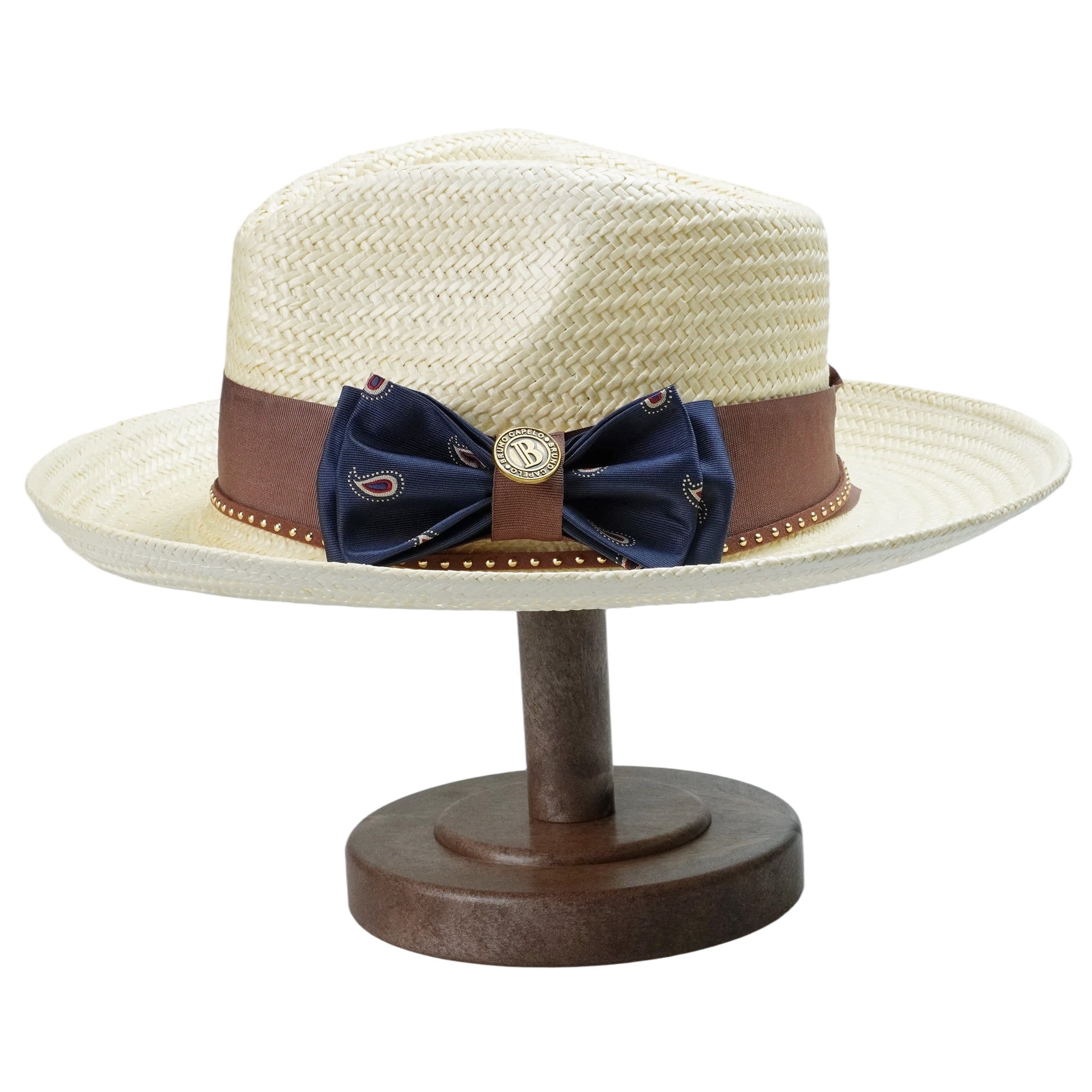 Off-White Straw Hat with Blue Bow & Brown Band