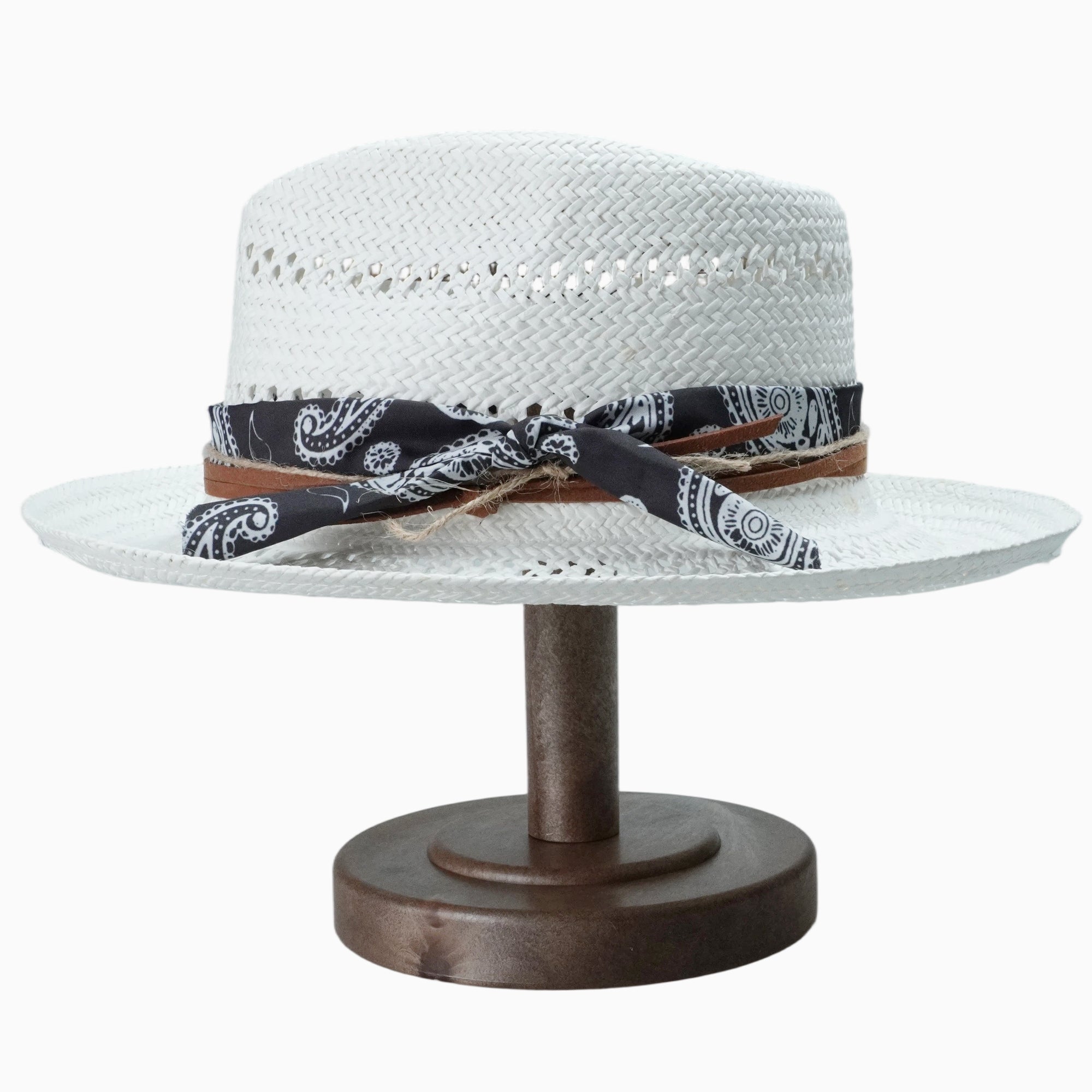 White Breathable Straw Fedora with Classic Paisley Band & Leather Cord