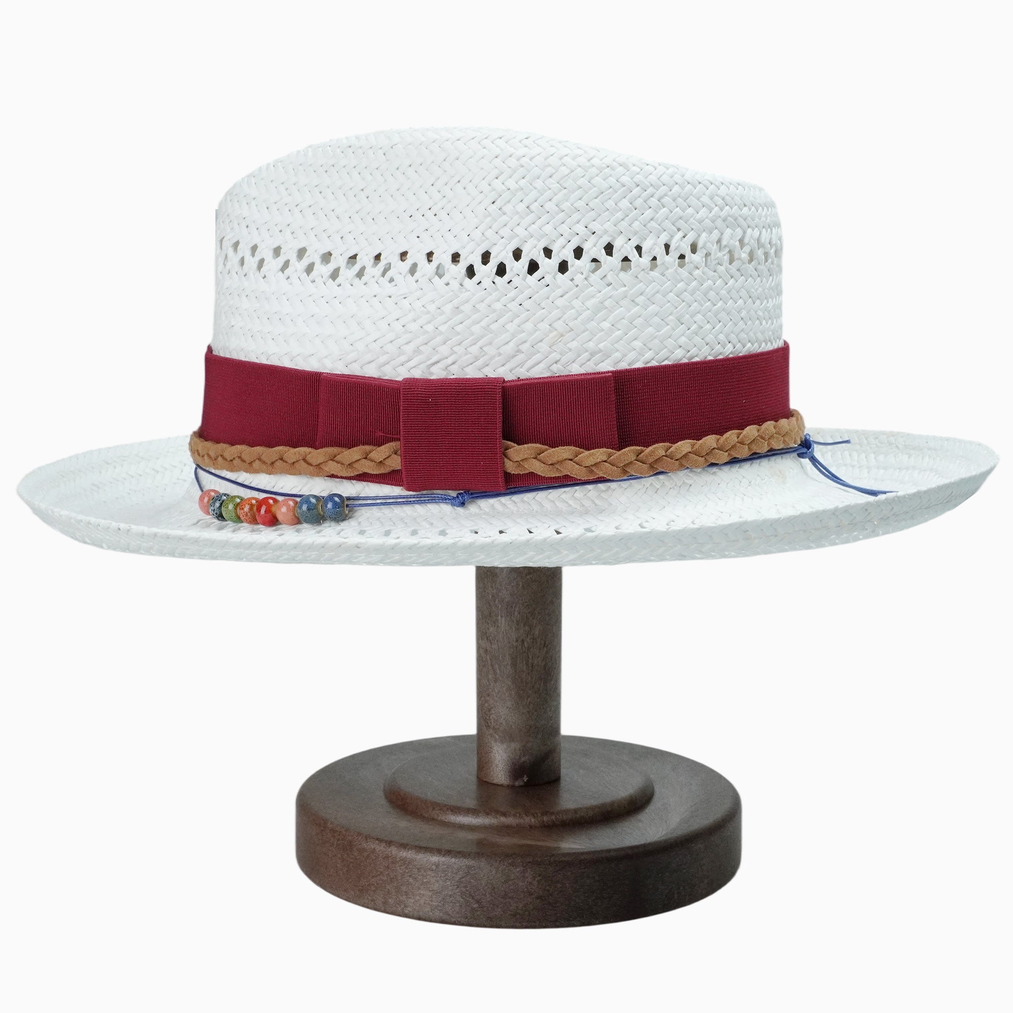 White Breathable Straw Fedora with Burgundy Ribbon & Beaded Cord
