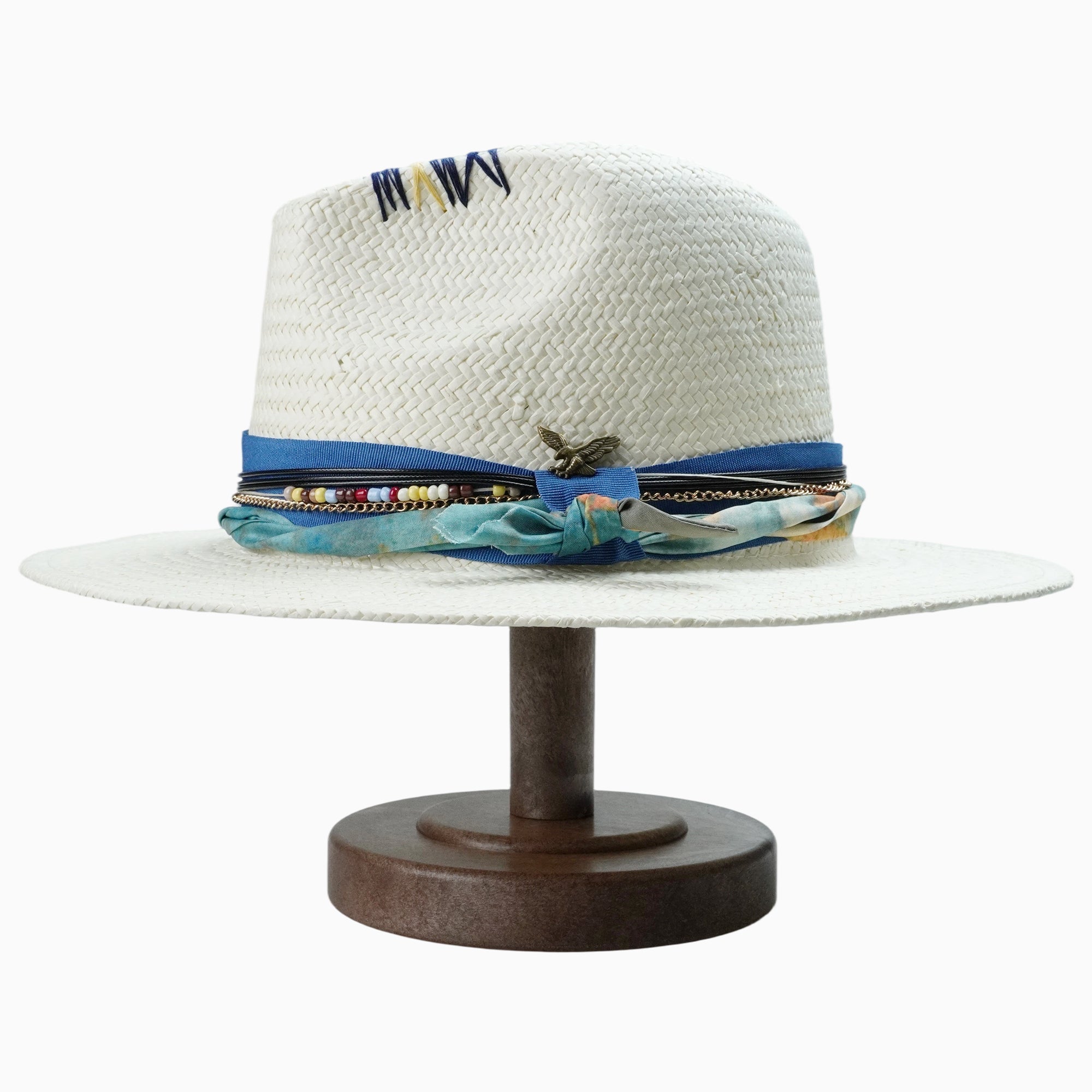 White Breathable Straw Hat with Beaded & Eagle Charm Band