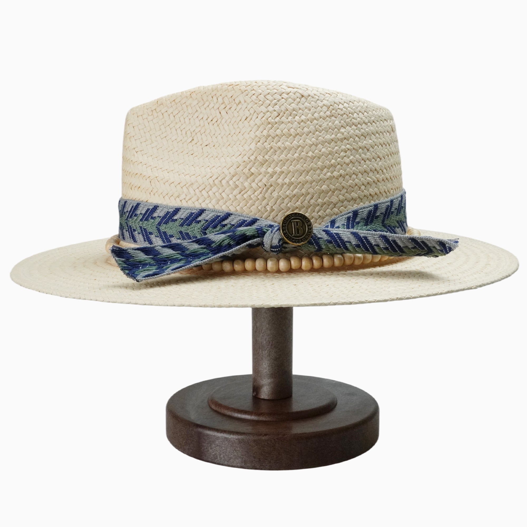 Beige Breathable Straw Fedora with Geometric Tribal Band & Wood Beads
