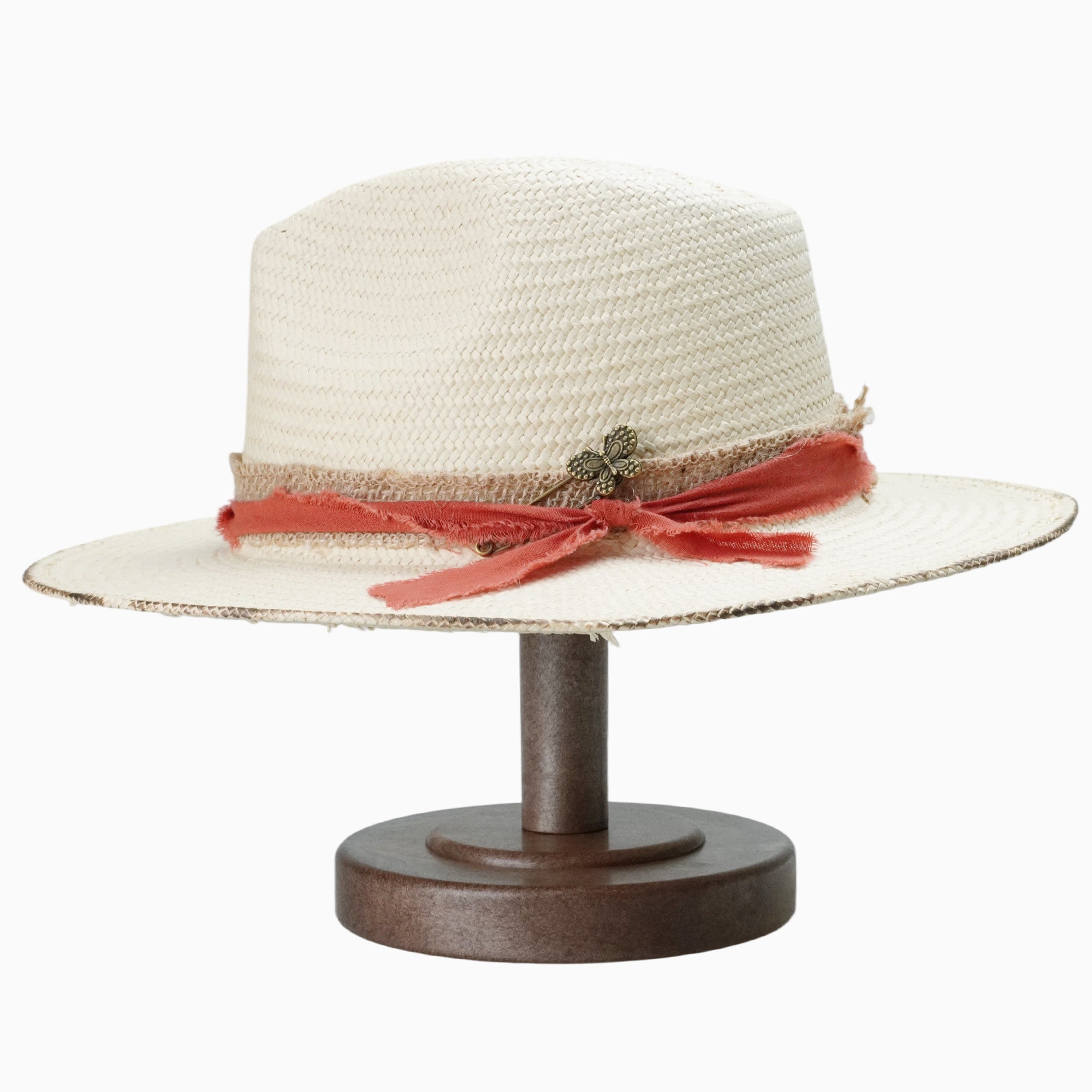 Off-White Breathable Straw Fedora with Distressed Red Band & Butterfly Pin