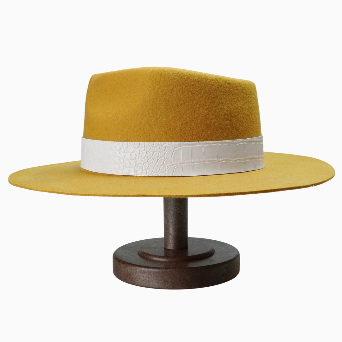Mustard Yellow Felt Fedora with White Crocodile-Texture Band