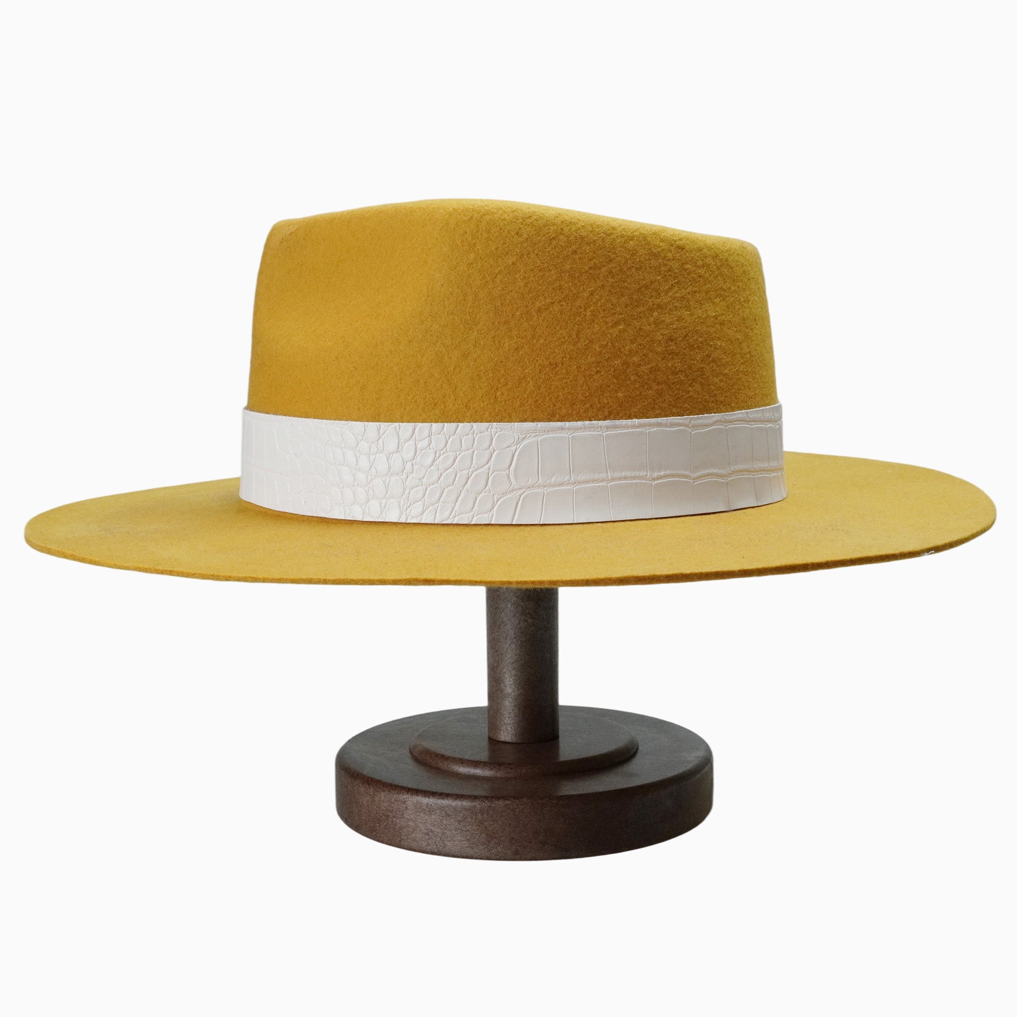 Mustard Yellow Felt Fedora with White Crocodile-Texture Band