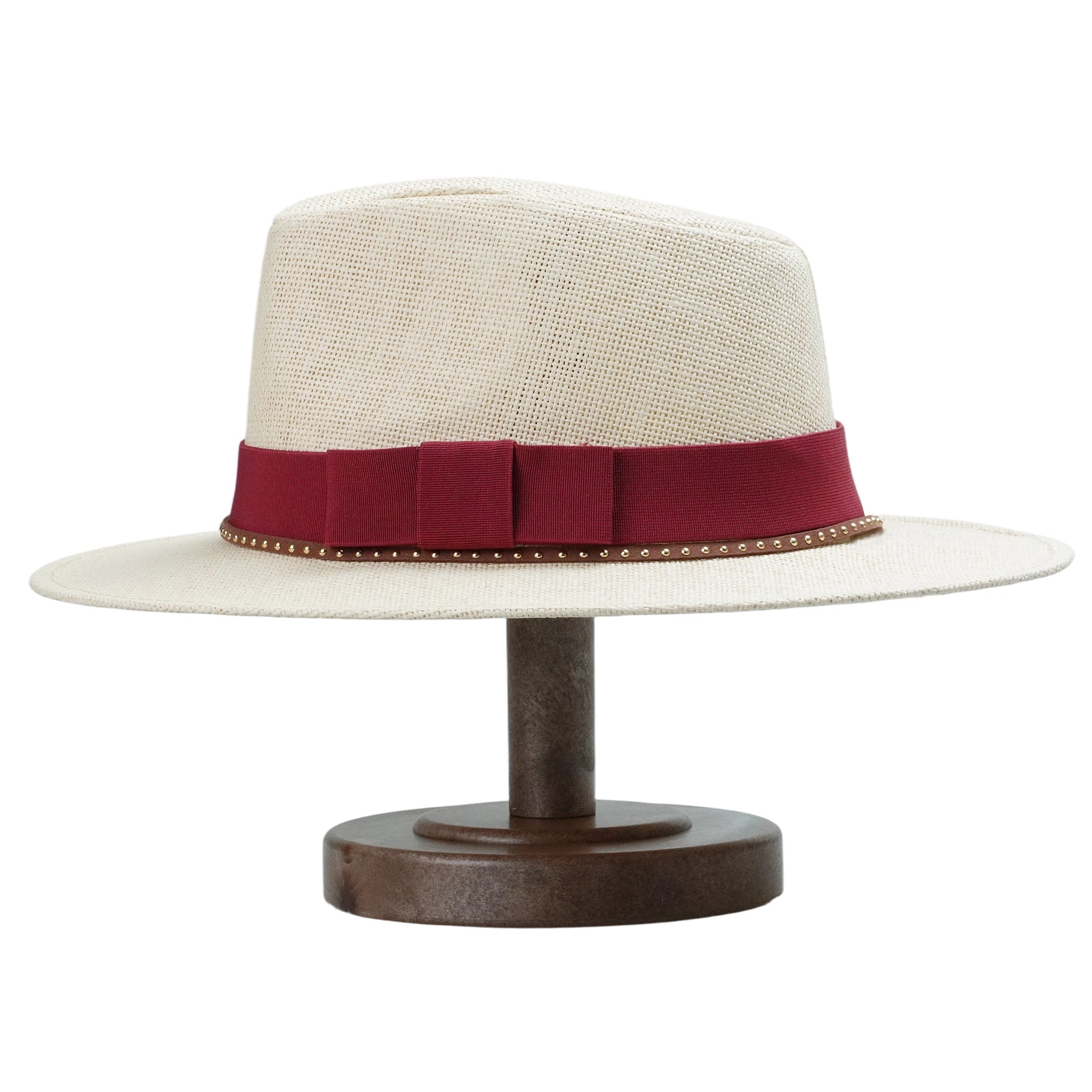 Beige Straw Hat with Dark Red Wide Band & Thin Cord