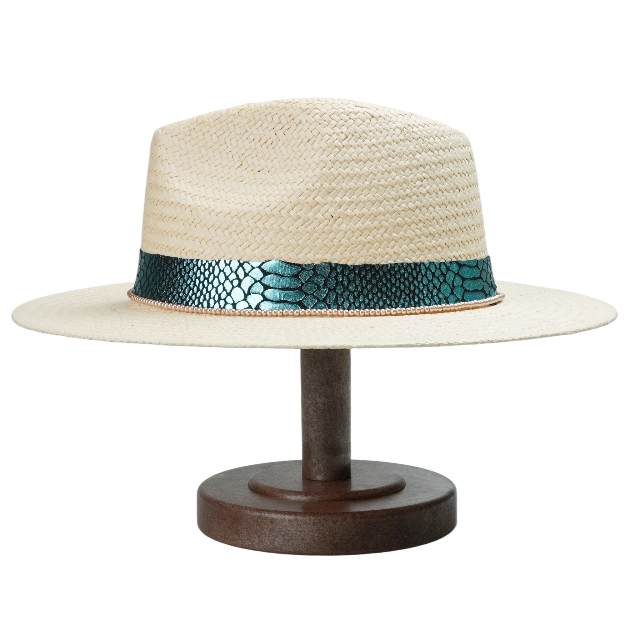 Beige Straw Hat with Champagne Beads & Luxe Fabric Band